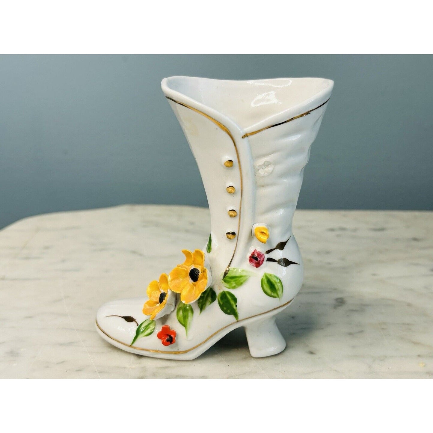 Vintage Porcelain Victorian Boot Vase White 3D Yellow Flowers Gold Accents Shoe