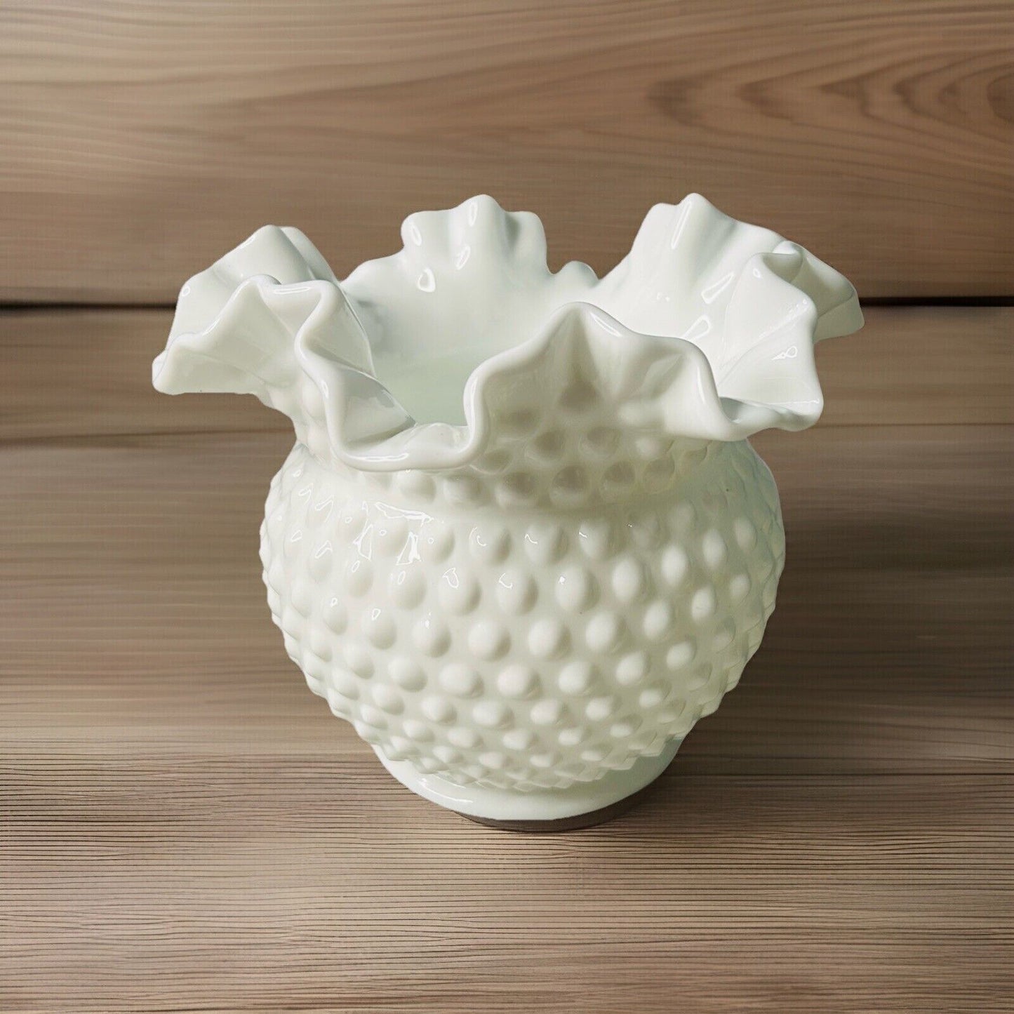 Vintage Fenton 6” Tall White Milk Glass Ruffled Edge Hobnail Bouquet Vase Bowl