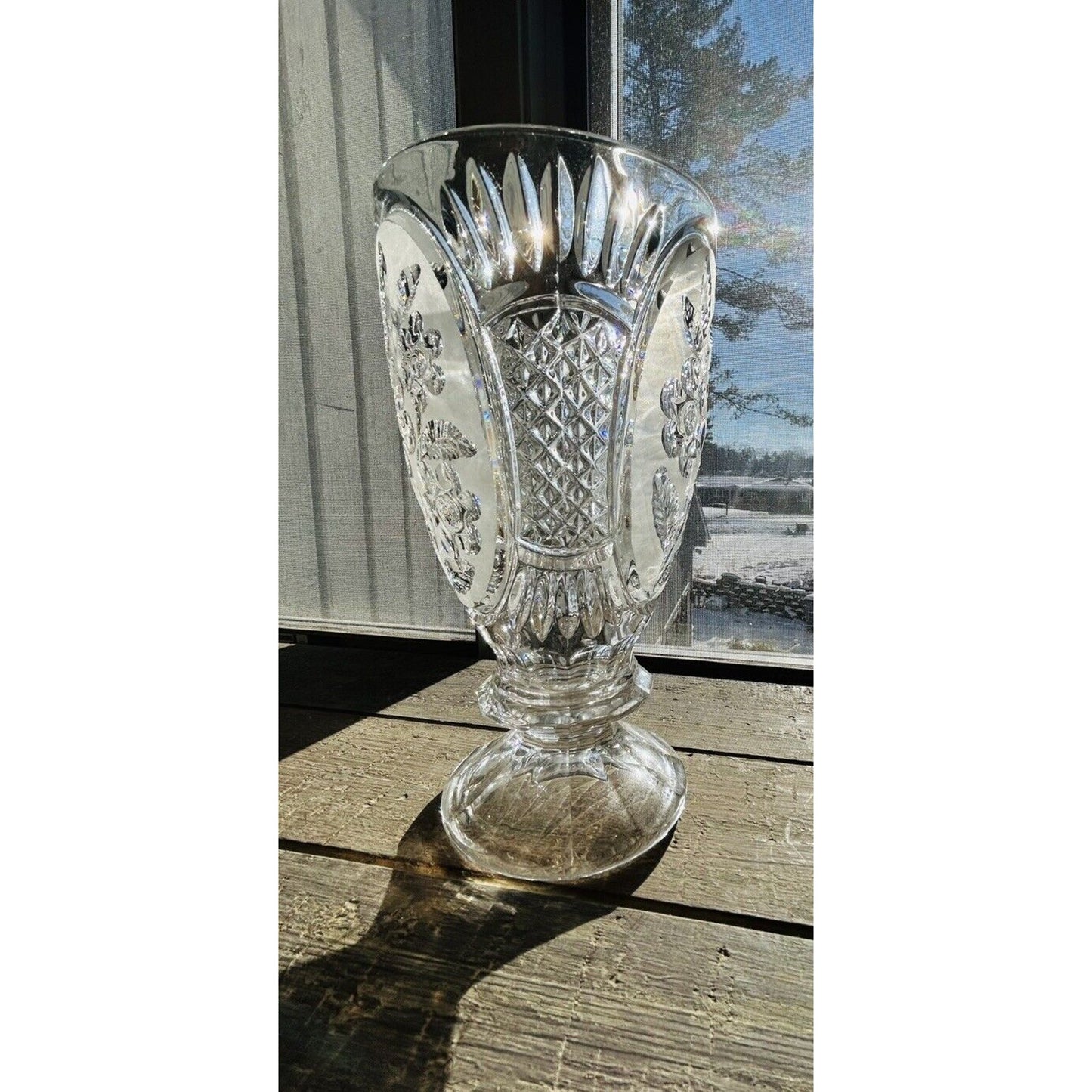 Vintage Kristal Zajecar Floral Cut Lead Crystal 10” Vase Clear Frosted Glass