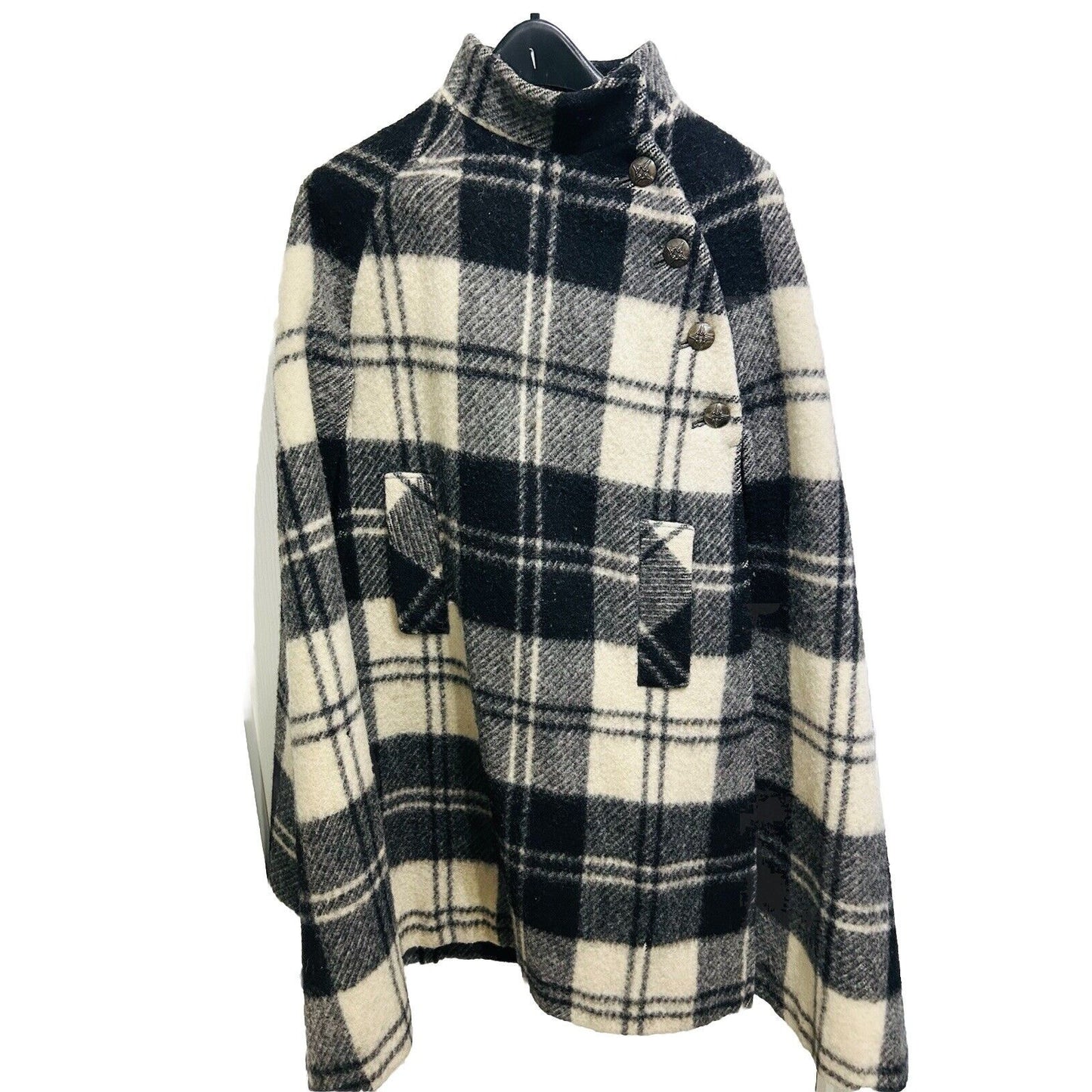 Vintage Boru Jimmy Hourihan Dublin Wool Cape Heavy Winter Coat Black Cream Plaid