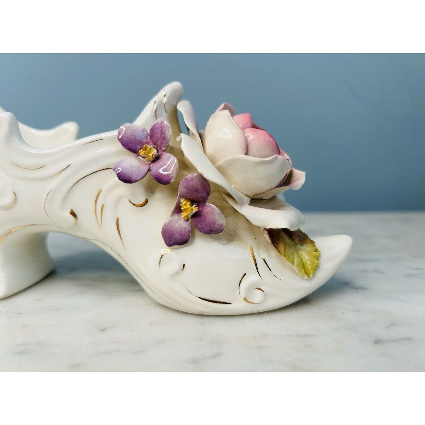 Vintage Vee Jackson 6” Long Ceramic Shoe Pink Rose Purple Flowers Gold Trim