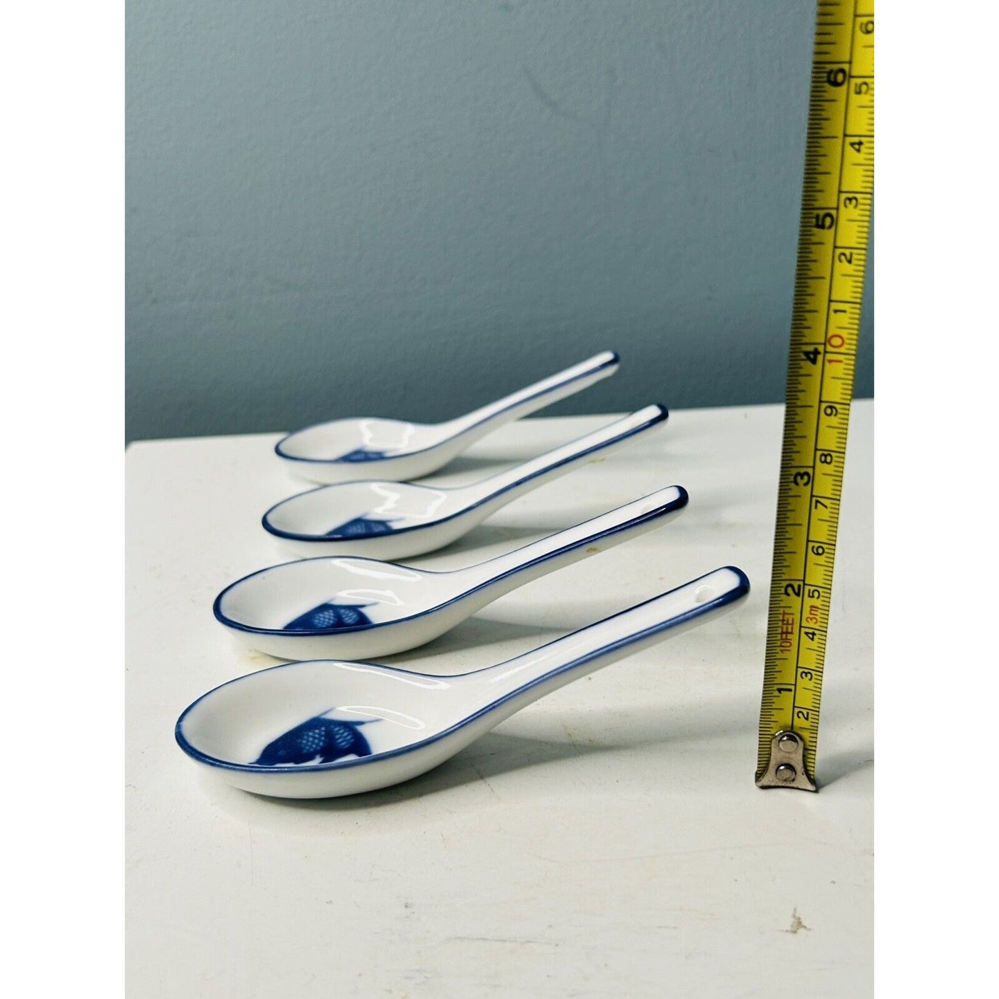 4 Misty Rose Koi Fish Soup Spoons Ladles Porcelain Blue Super White China Fish