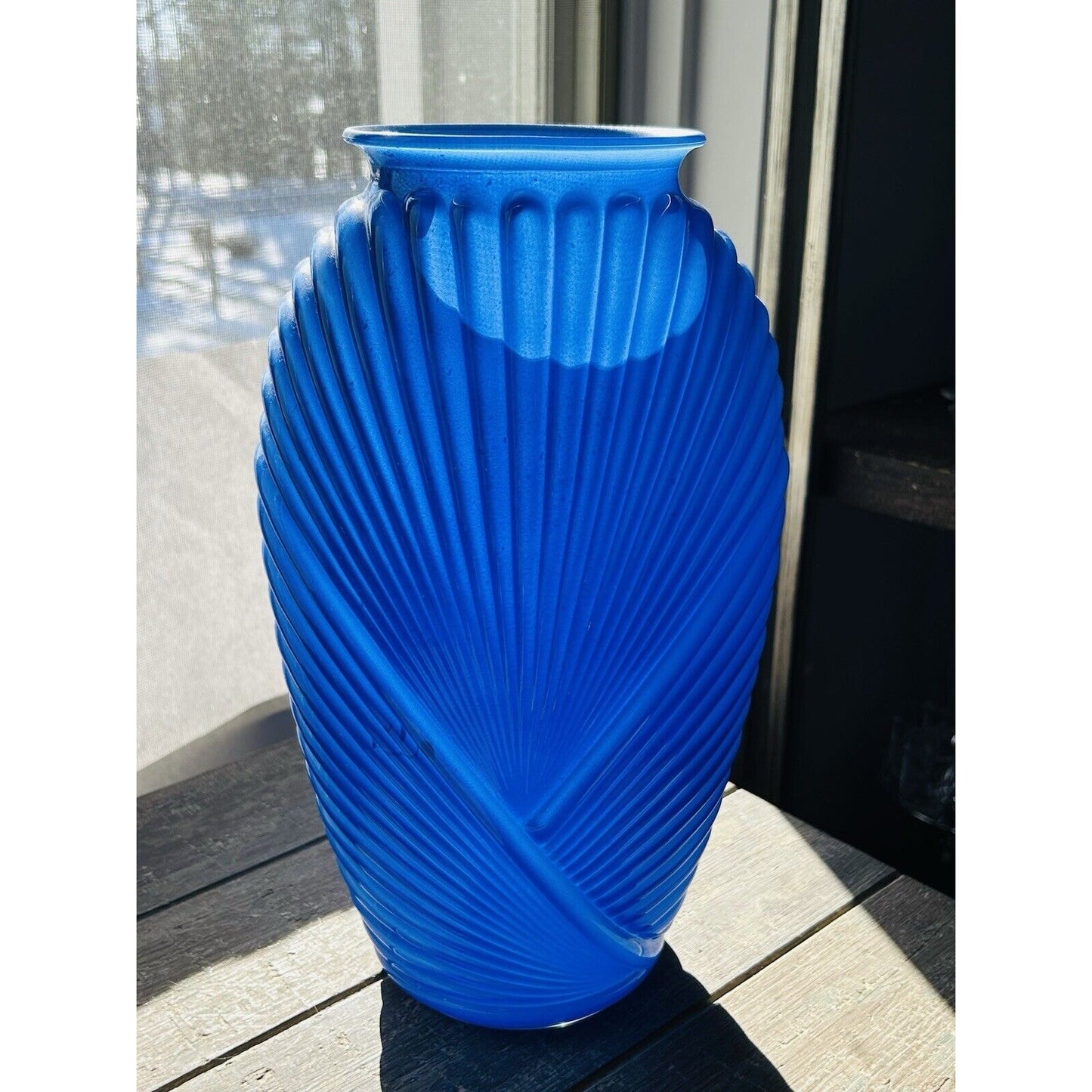 Art Deco Draped Ribbed Pleated Royal Cobalt Blue Glass Vase Vintage Iridescent