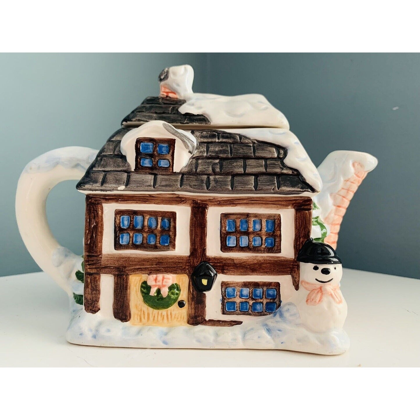 Ceramic Teapot House In Winter Scene By Scott's Inc. Snowman Christmas House Tea