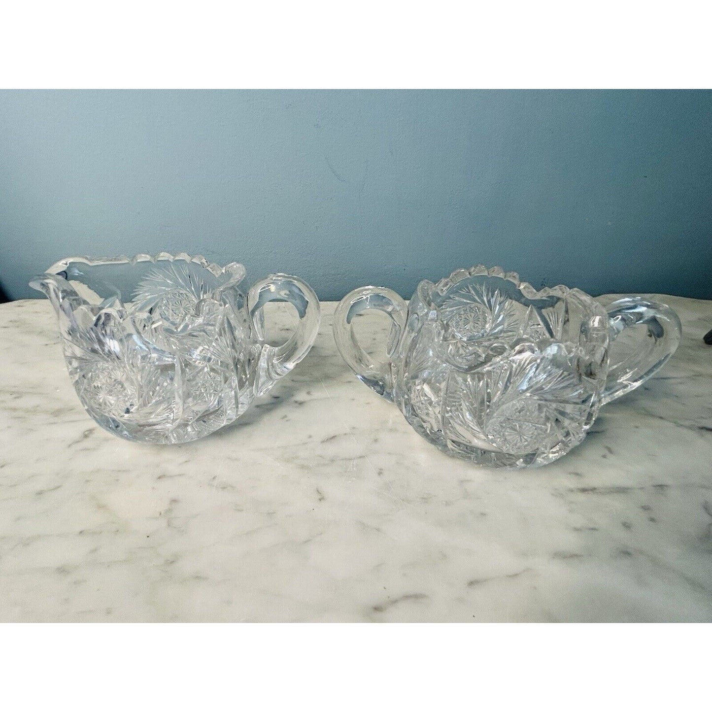 EUC American Brilliant Cut Crystal Glass Pinwheel Creamer Sugar Bowl Set ABP