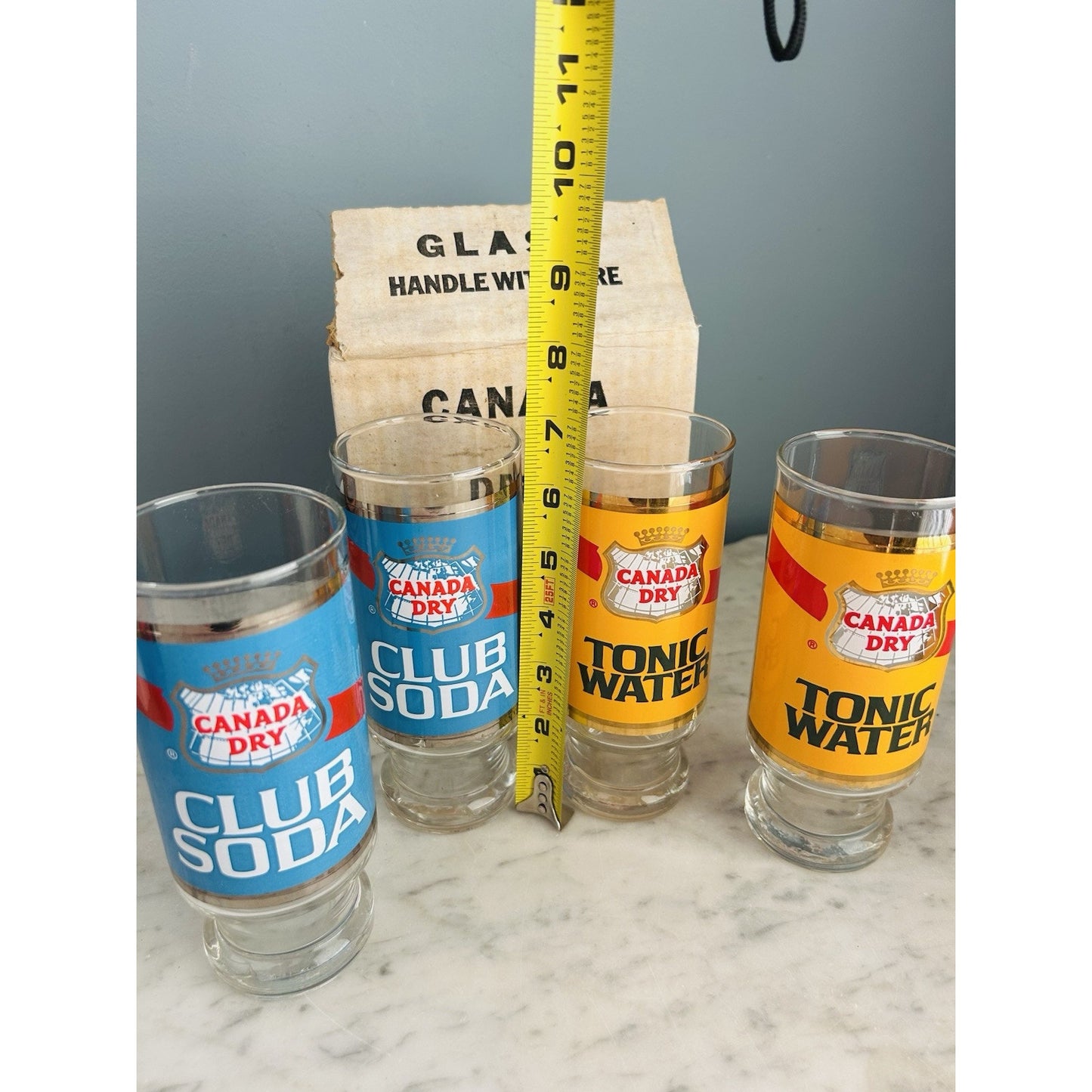 New Canada Dry Club Soda Tonic Water 7” Glass Tumblers Vintage NIB New Old Stock