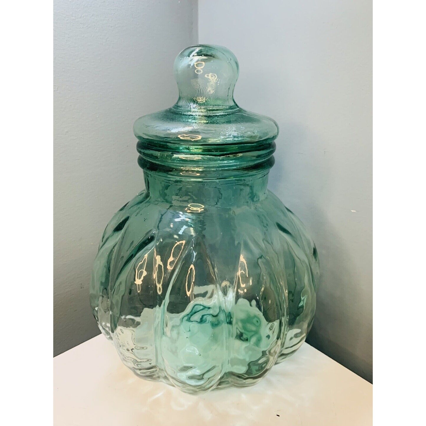 Green Glass Apothecary Jar 15” Tall Glass w/ Lid Melon Shaped Home Decor Large