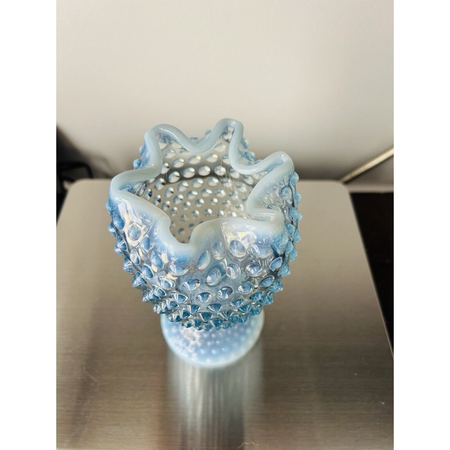 EUC Duncan Miller Blue Opalescent Glass Footed Hobnail Vase Ruffle Crimped