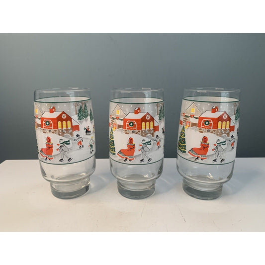 Sango Set of 3 Silent Night Christmas Glass Tumblers Joan Luntz 6” 16 oz Vintage