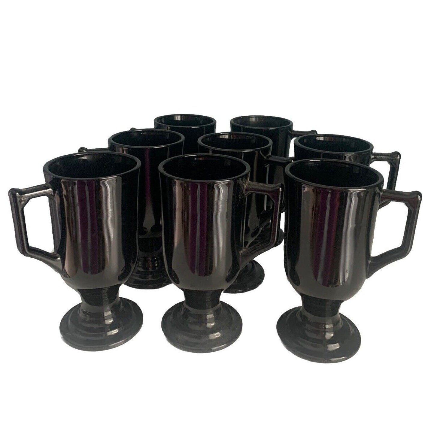 8 Vintage Black Amethyst Glass Footed Mugs Irish Coffee Cappuccino Tea Cups MCM