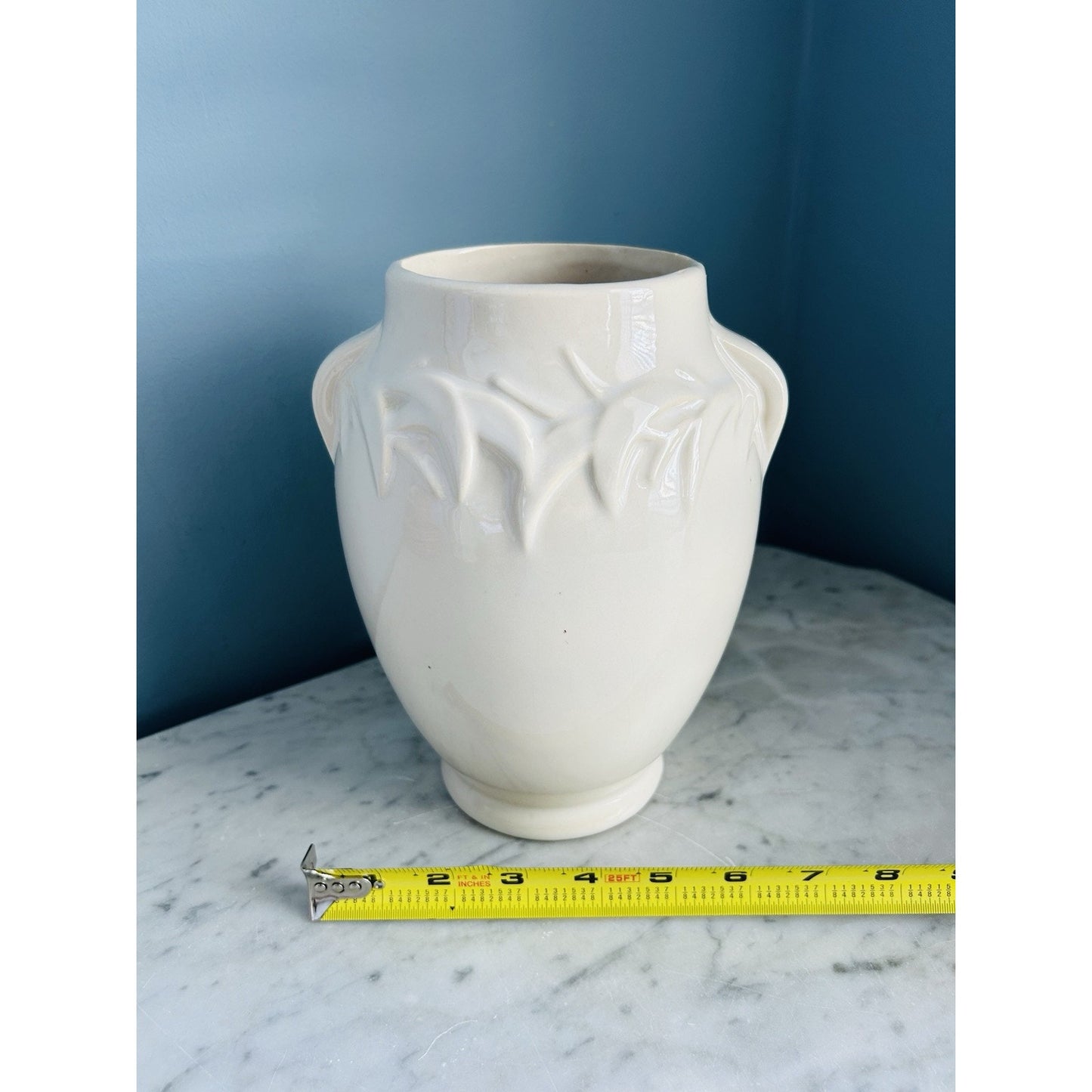 Vintage McCoy Vase Cream Ivory Double Handle Embossed Leaf Art Deco 40s