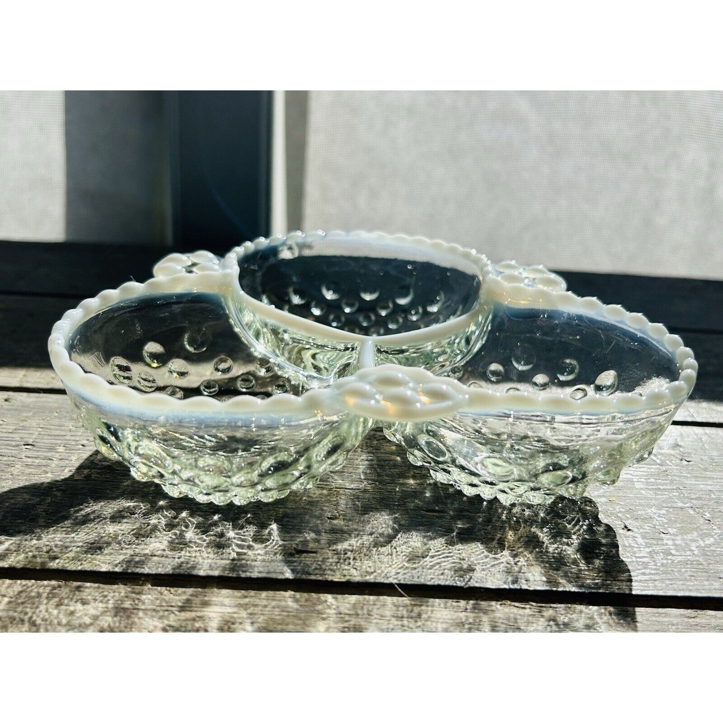 Moonstone Clear Opalescent Anchor Hocking 3 Part Dish Vintage White Trim Bowl