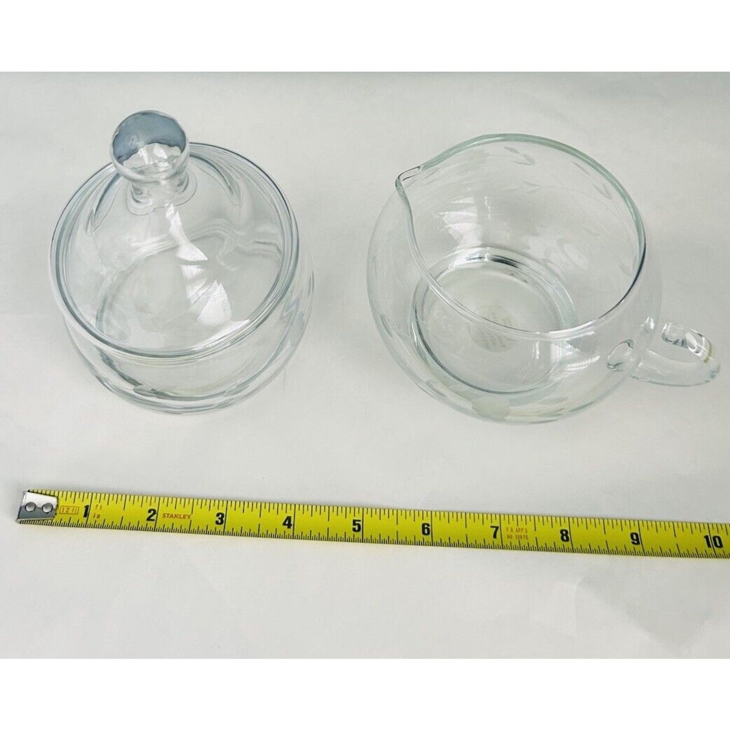 Princess House Heritage Creamer & Sugar Set Lid Vintage Etched Glass Floral