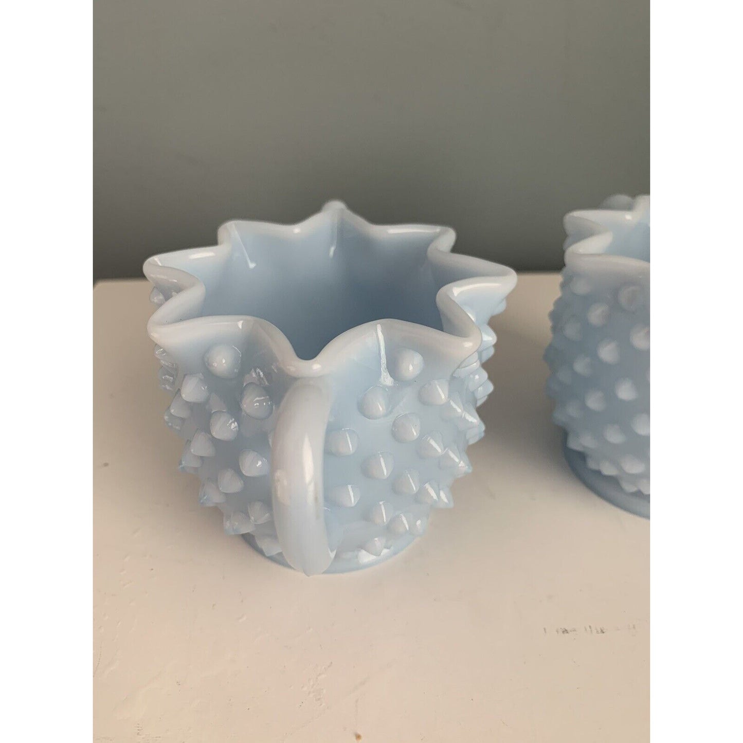 Fenton Glass Light Blue Pastel Milk Glass Hobnail Creamer Sugar Set Rare