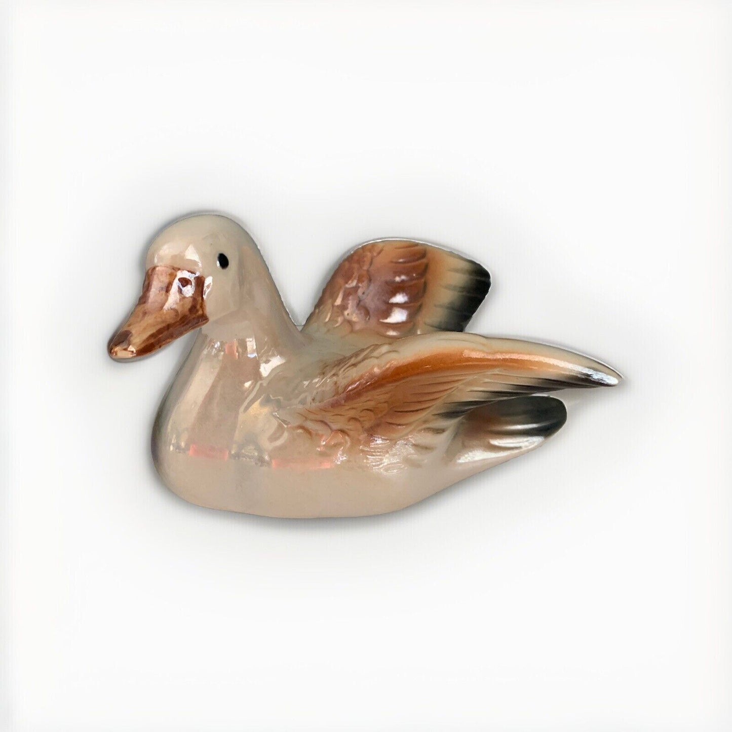 Ceramic Glazed White and Brown Duck Figure