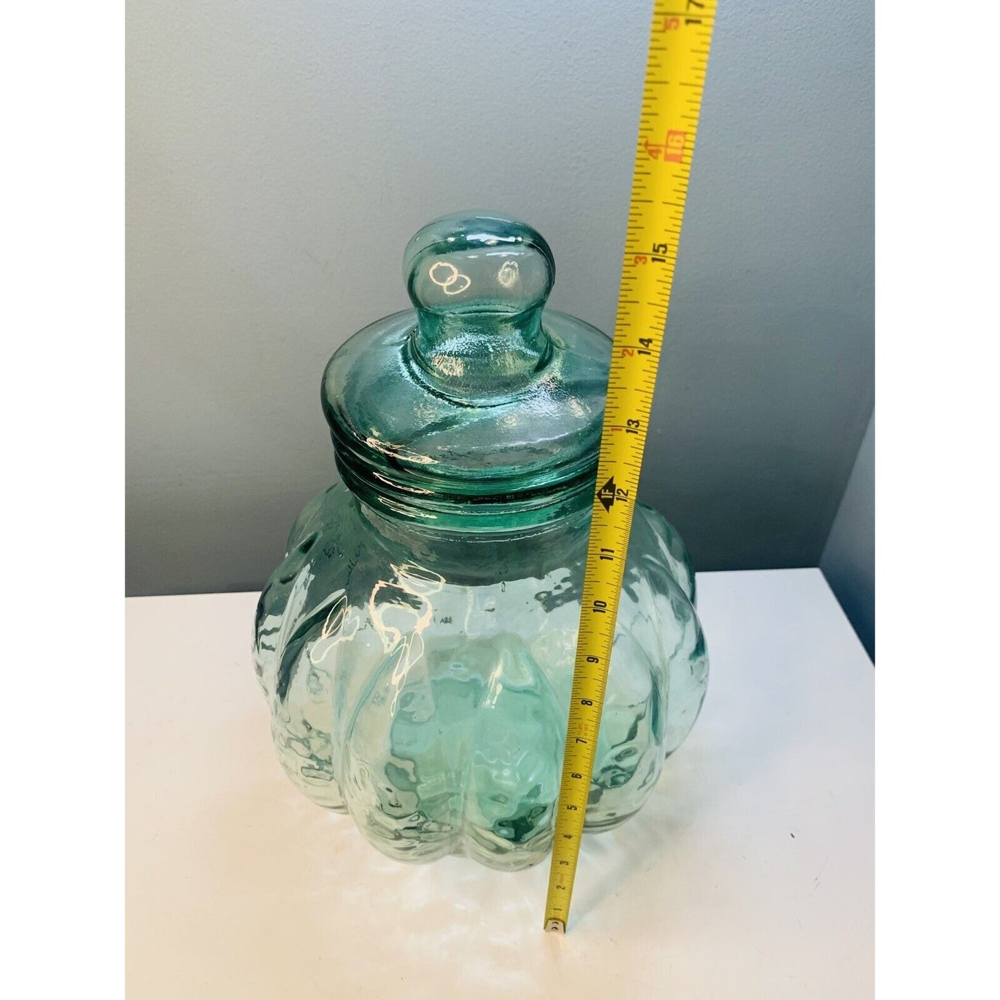 Green Glass Apothecary Jar 15” Tall Glass w/ Lid Melon Shaped Home Decor Large