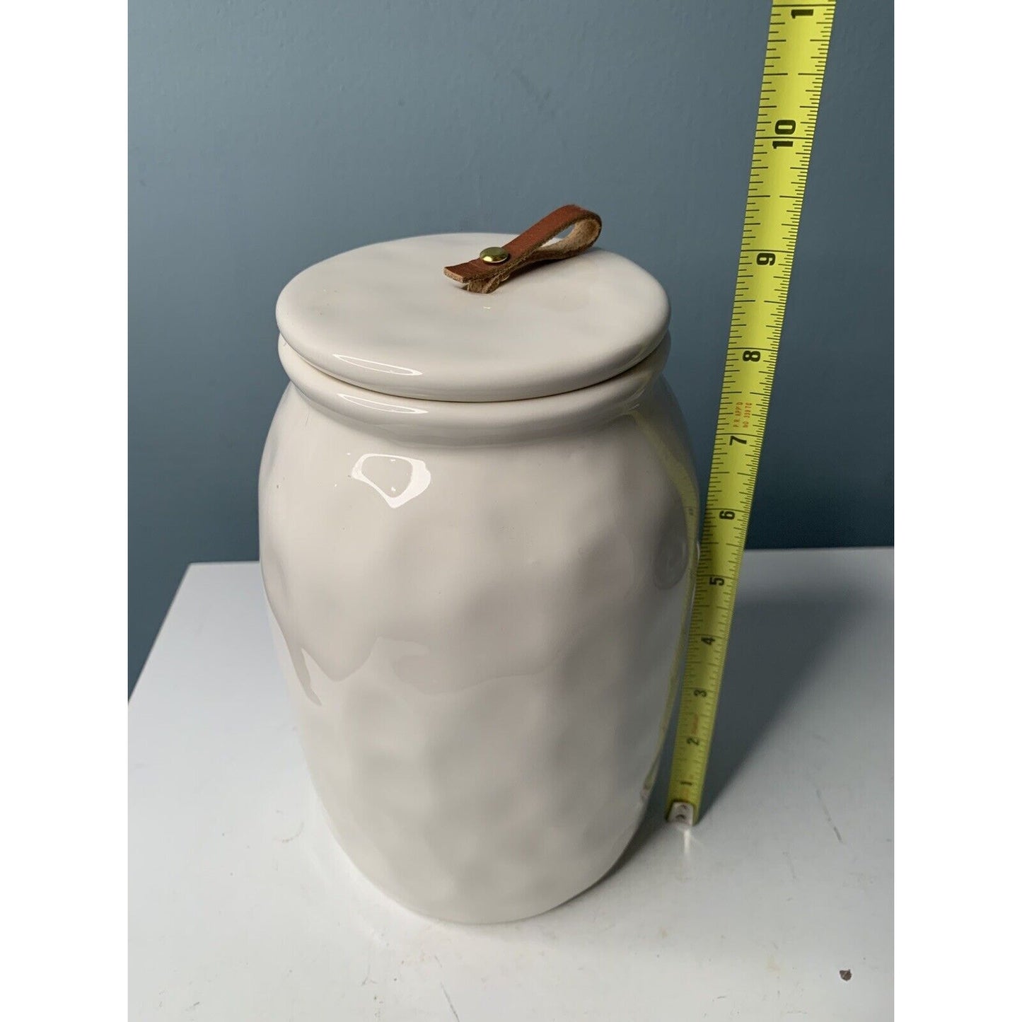 NWT Mud Pie Bistro Cookie Jar 2017 White w/ Brown Leather 9” Tall New MSRP $35