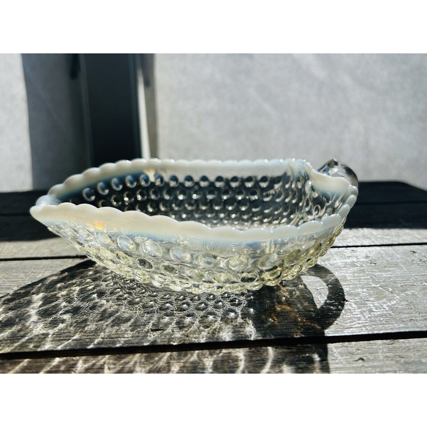 Heart Serving Dish Anchor Hocking Moonstone Opalescent Hobnail Ruffle Rim Handle