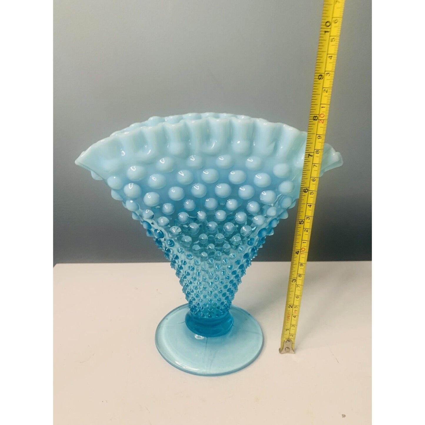 Fenton Blue Opalescent Glass Hobnail Large Fan Vase 8" Tall Vintage