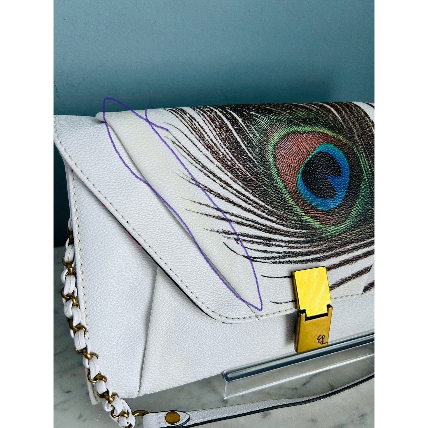 Elliott Lucca Peacock Clutch Satchel Shoulder Crossbody Bag Leather White Ivory