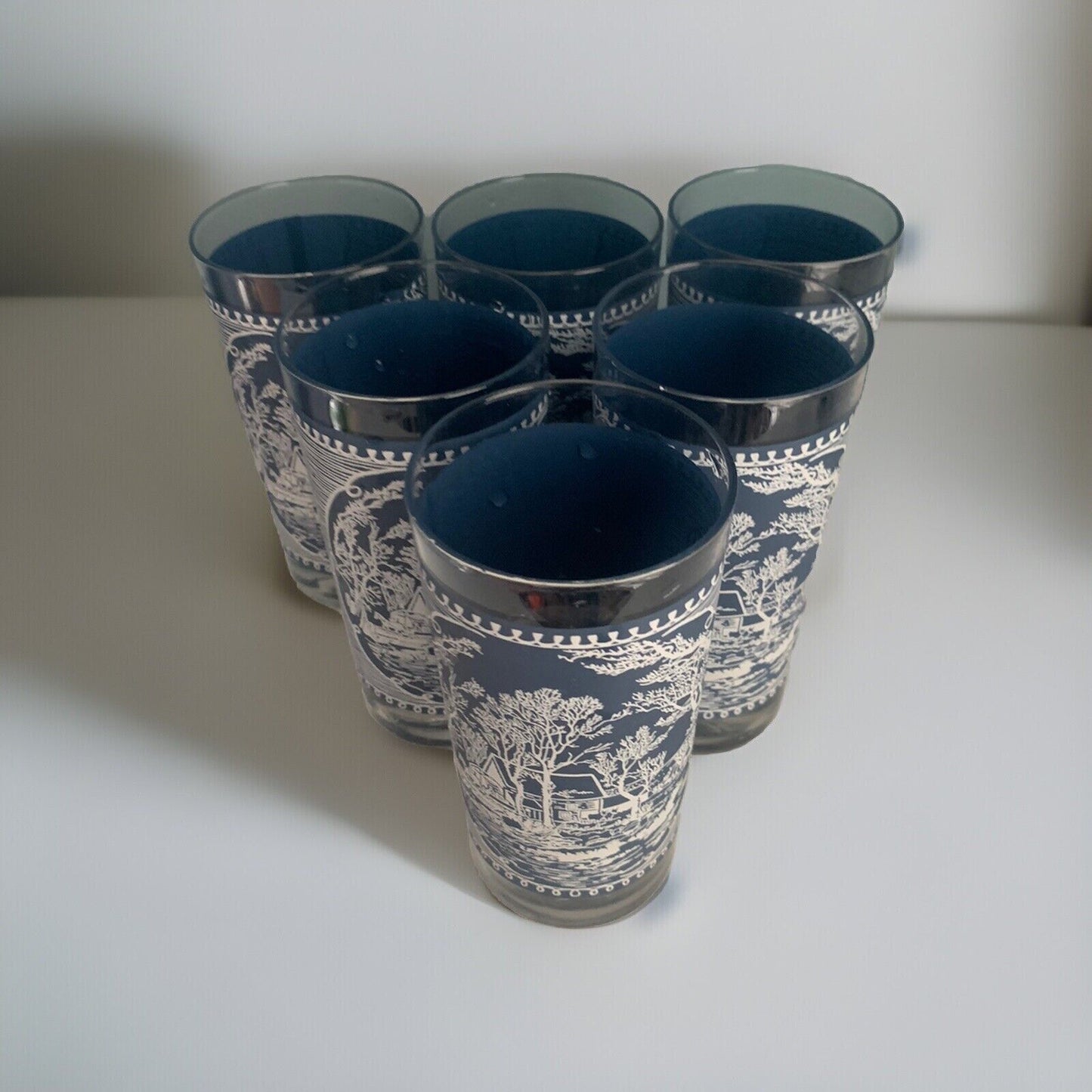 6 Currier & Ives Royal Blue 12 Oz. Tumbler Old Grist Mill Vintage Glasses USA