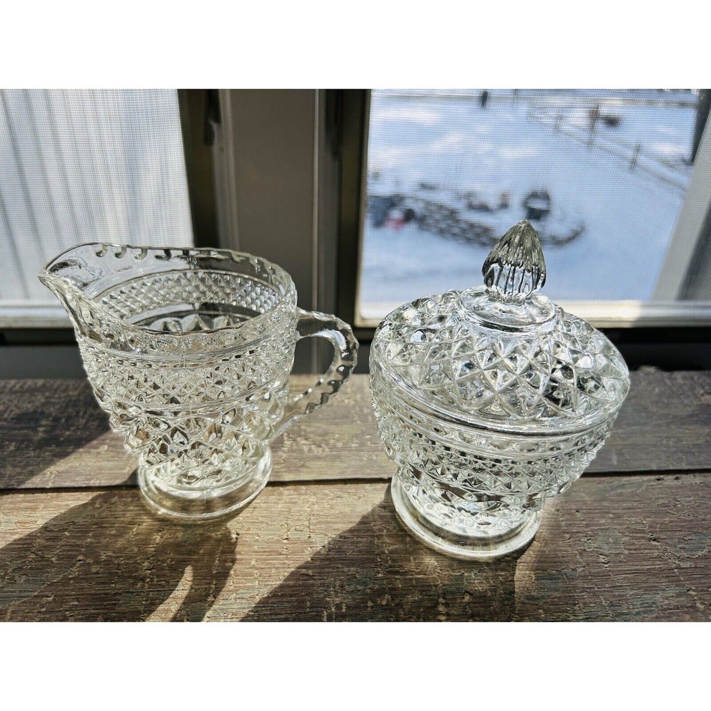 Anchor Hocking Wexford Crystal Clear Cut Glass Cream & Sugar Set Vintage