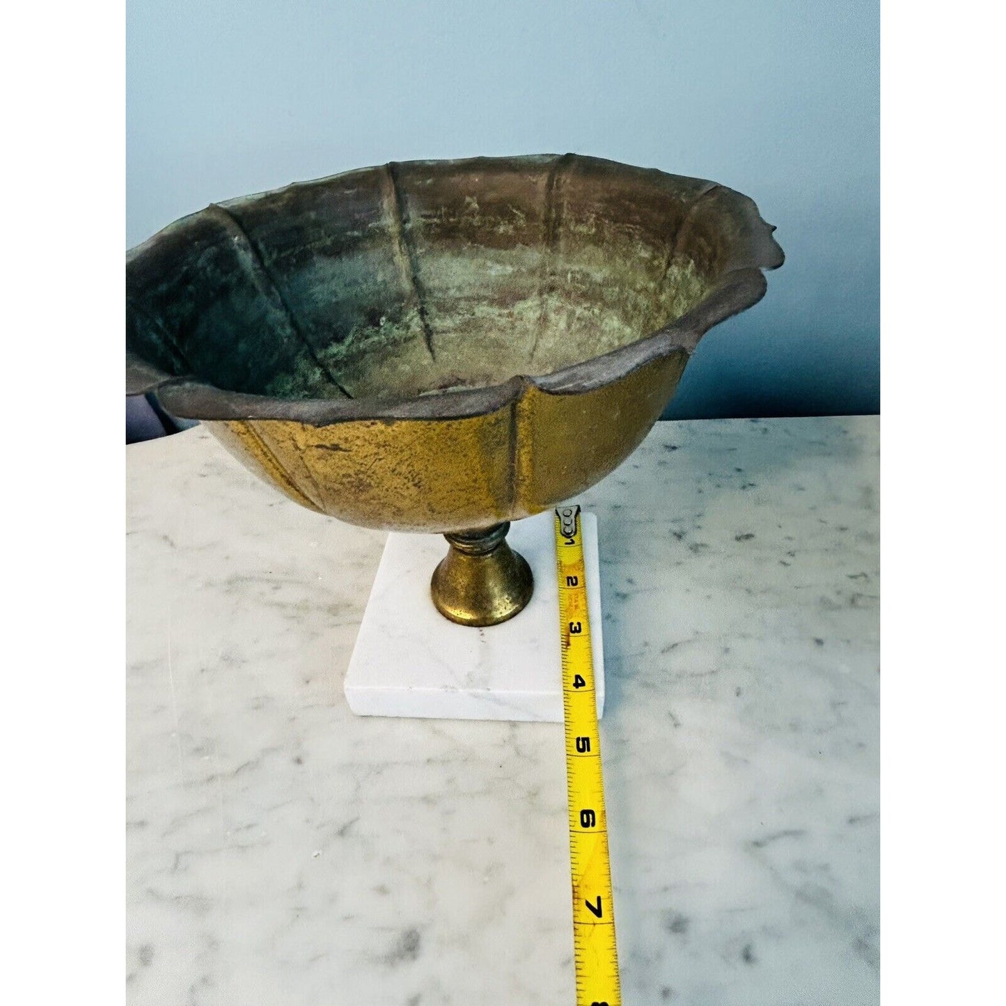 Vintage Brass 7” Compote Marble Pedestal Base Bowl Patina