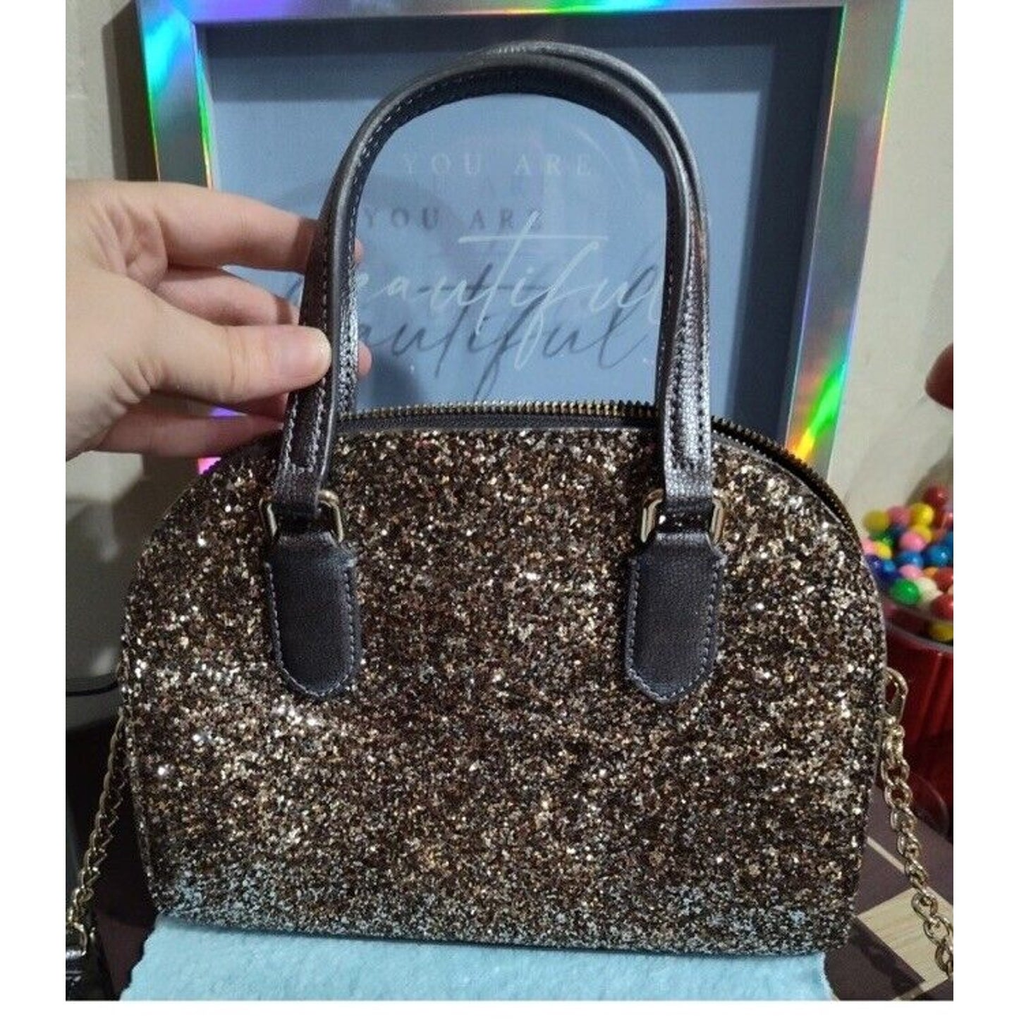 Kate Spade Mini Reiley Laurel Way Glitter Satchel crossbody Wristlet