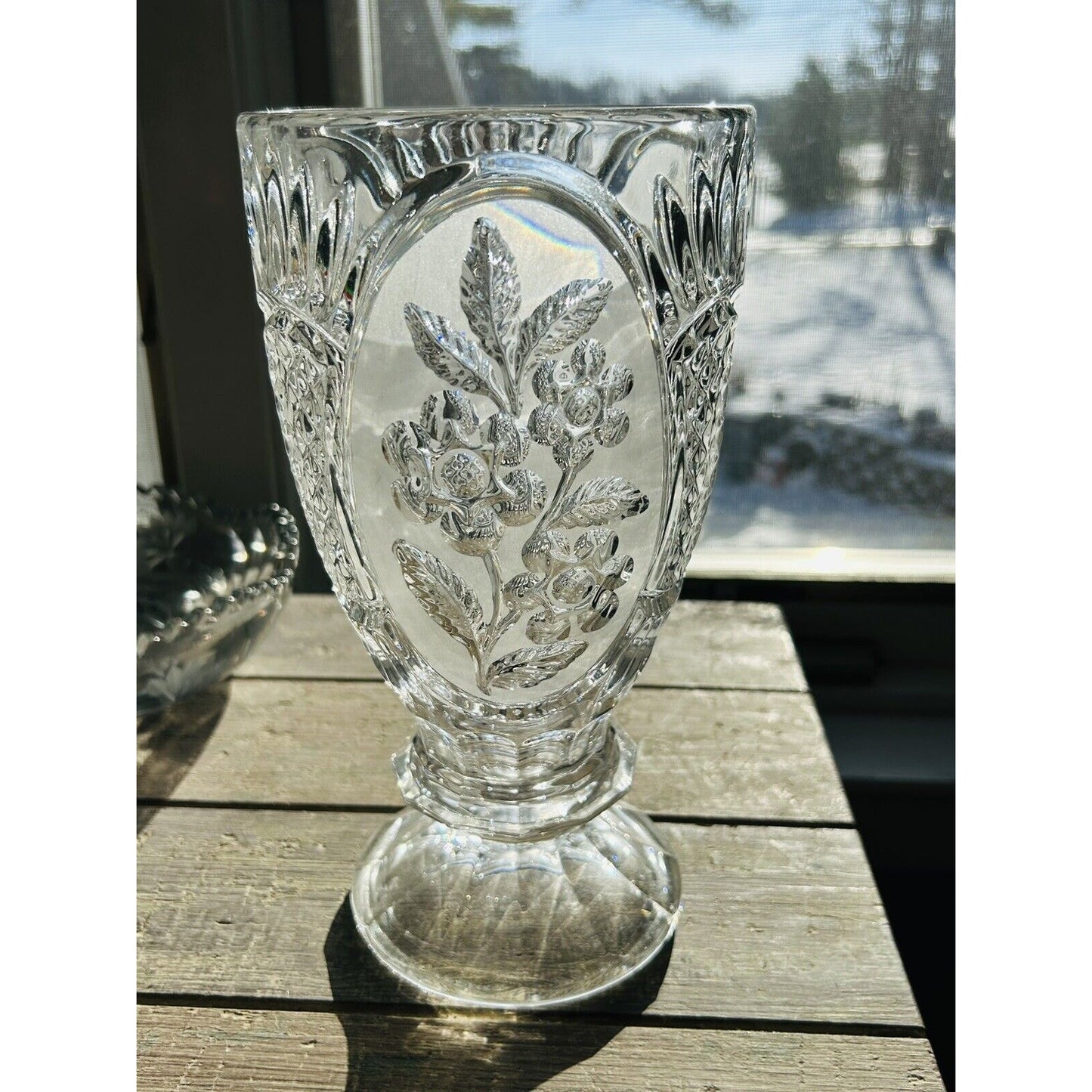 Vintage Kristal Zajecar Floral Cut Lead Crystal 10” Vase Clear Frosted Glass