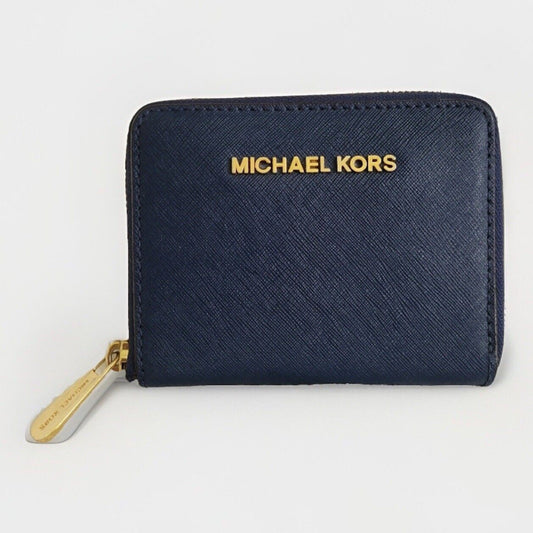 Michal Kors Navy Blue Wallet Gold Hardware Medium Size Zip Closure Jet Set