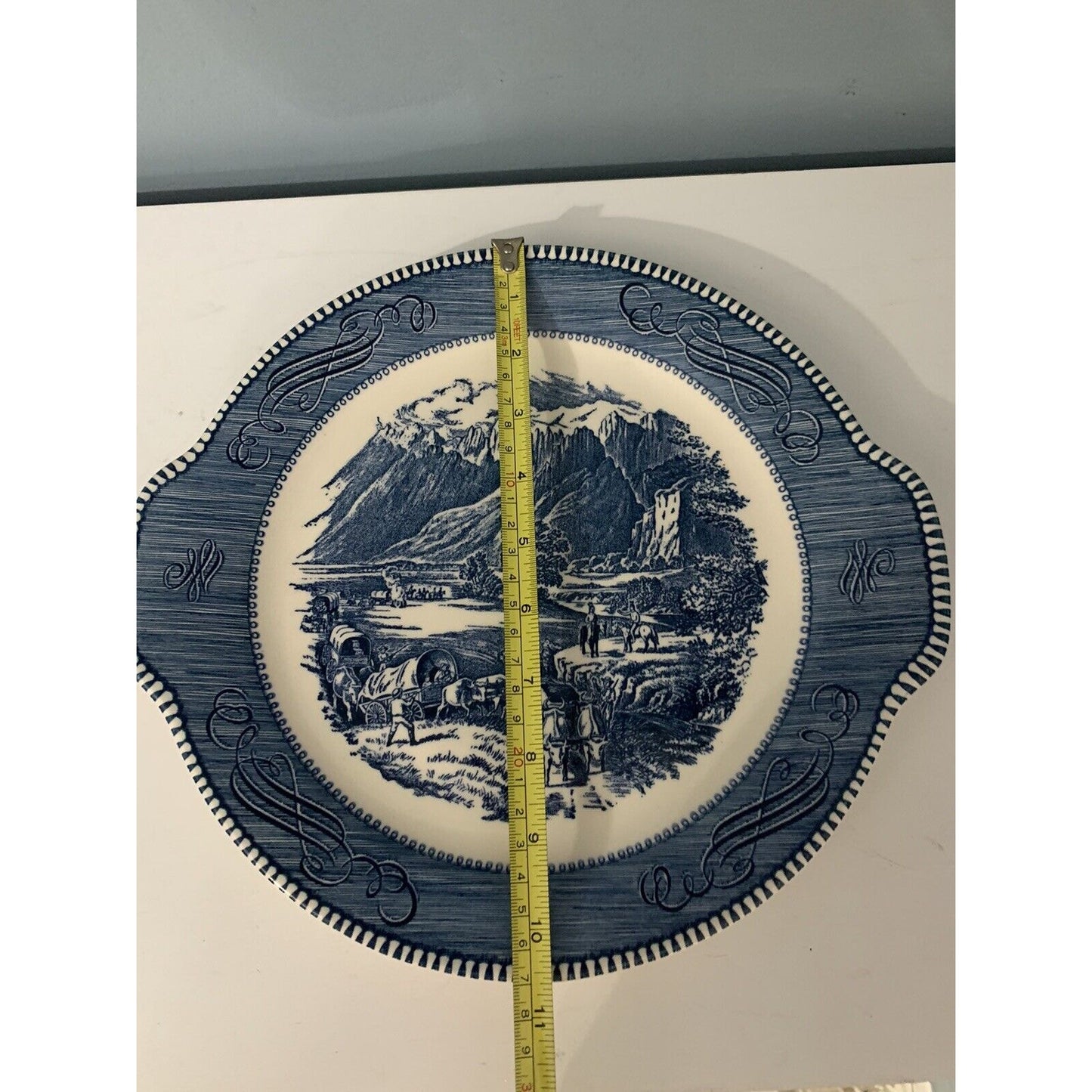 Currier & Ives Cake Plate Blue White Royal The Rocky Mountains Underglaze Print