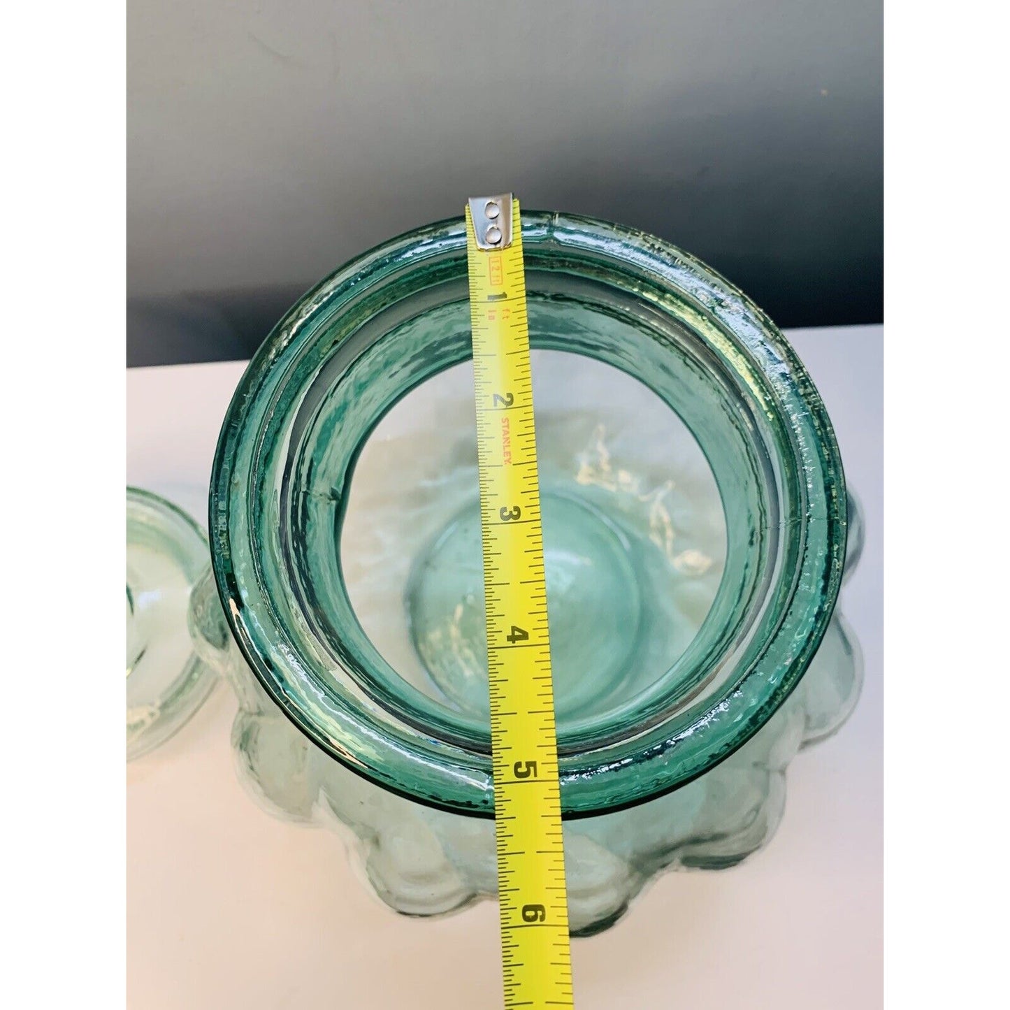 Green Glass Apothecary Jar 15” Tall Glass w/ Lid Melon Shaped Home Decor Large