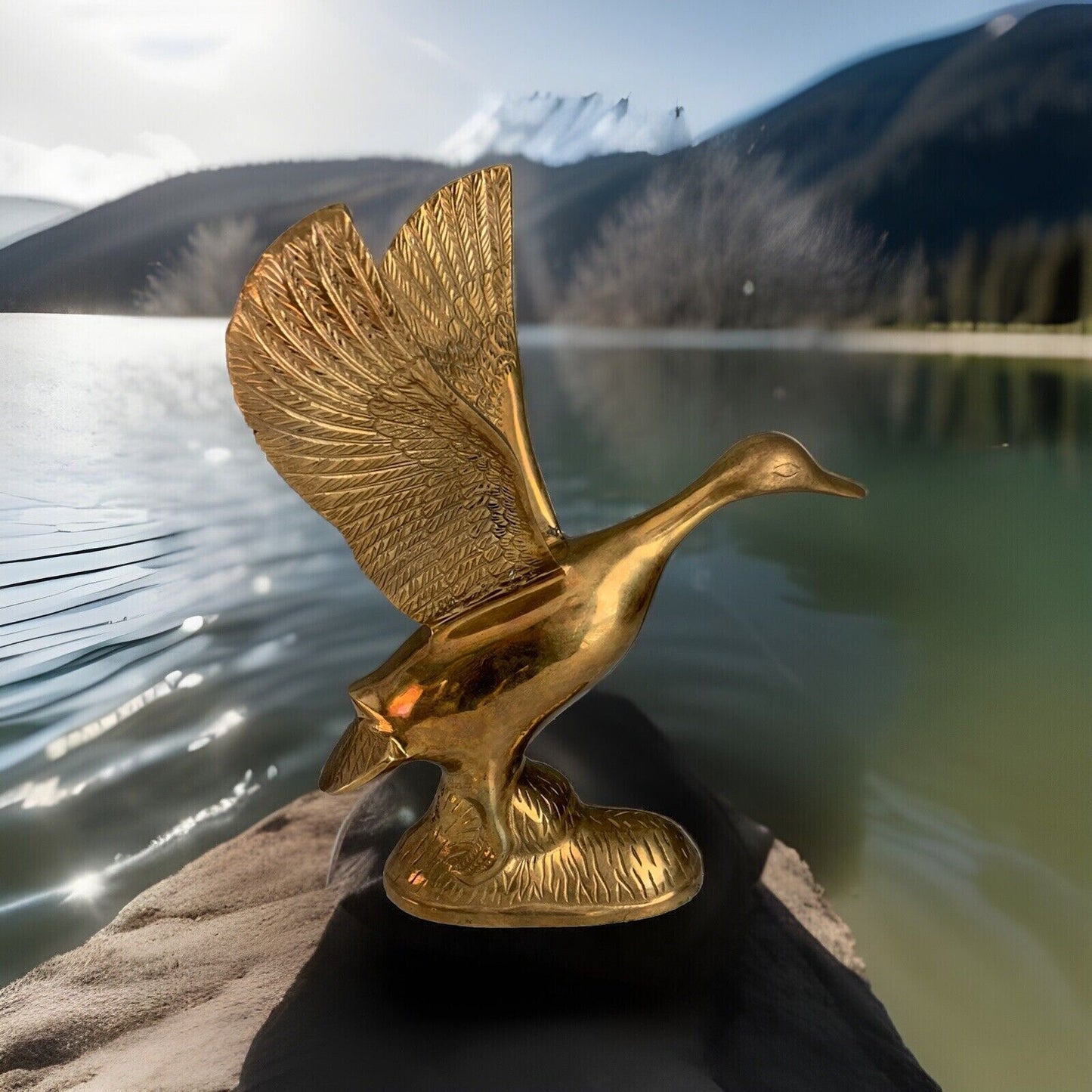 Vintage Solid Brass Taking Off Flying Duck Wings Up 14.75'' Tall