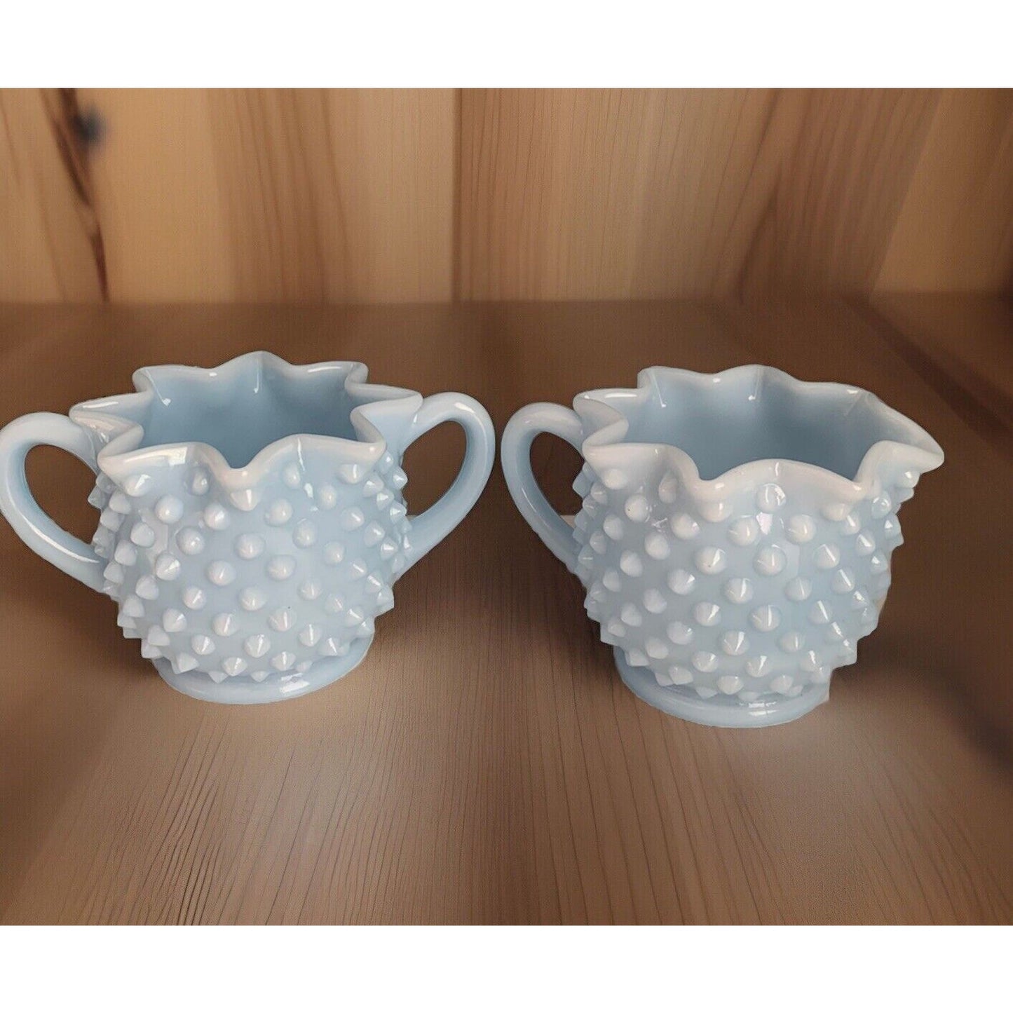 Fenton Glass Light Blue Pastel Milk Glass Hobnail Creamer Sugar Set Rare