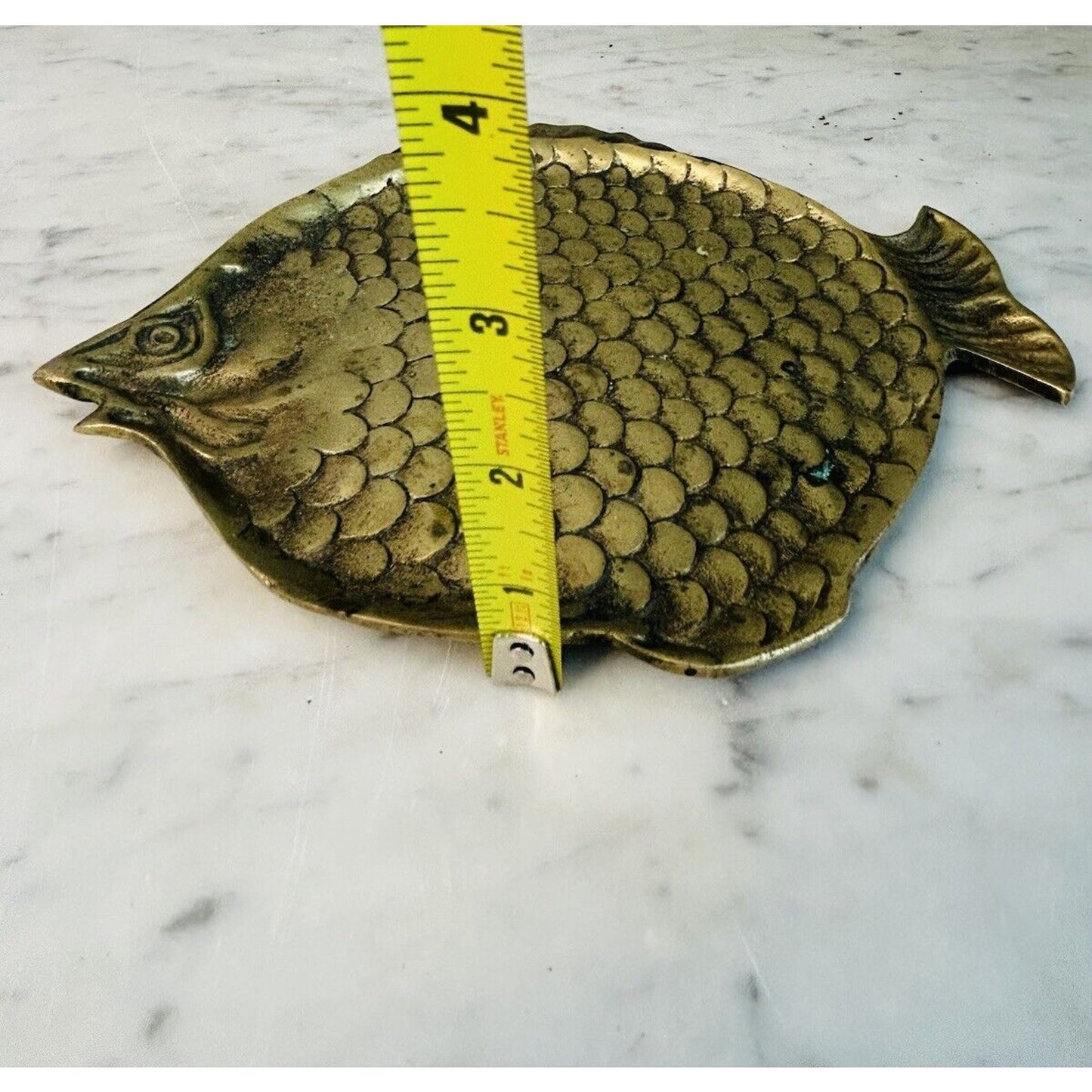 Vintage Brass Fish Shaped Trinket Dish Small Plate 8.5” Length 3D Scales Patina