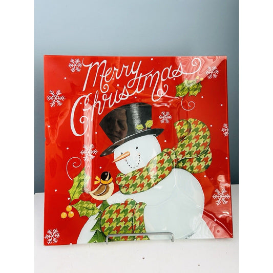 Vintage Large Glass Platter Deb Strain Snowman Winter Merry Christmas Plate 15”