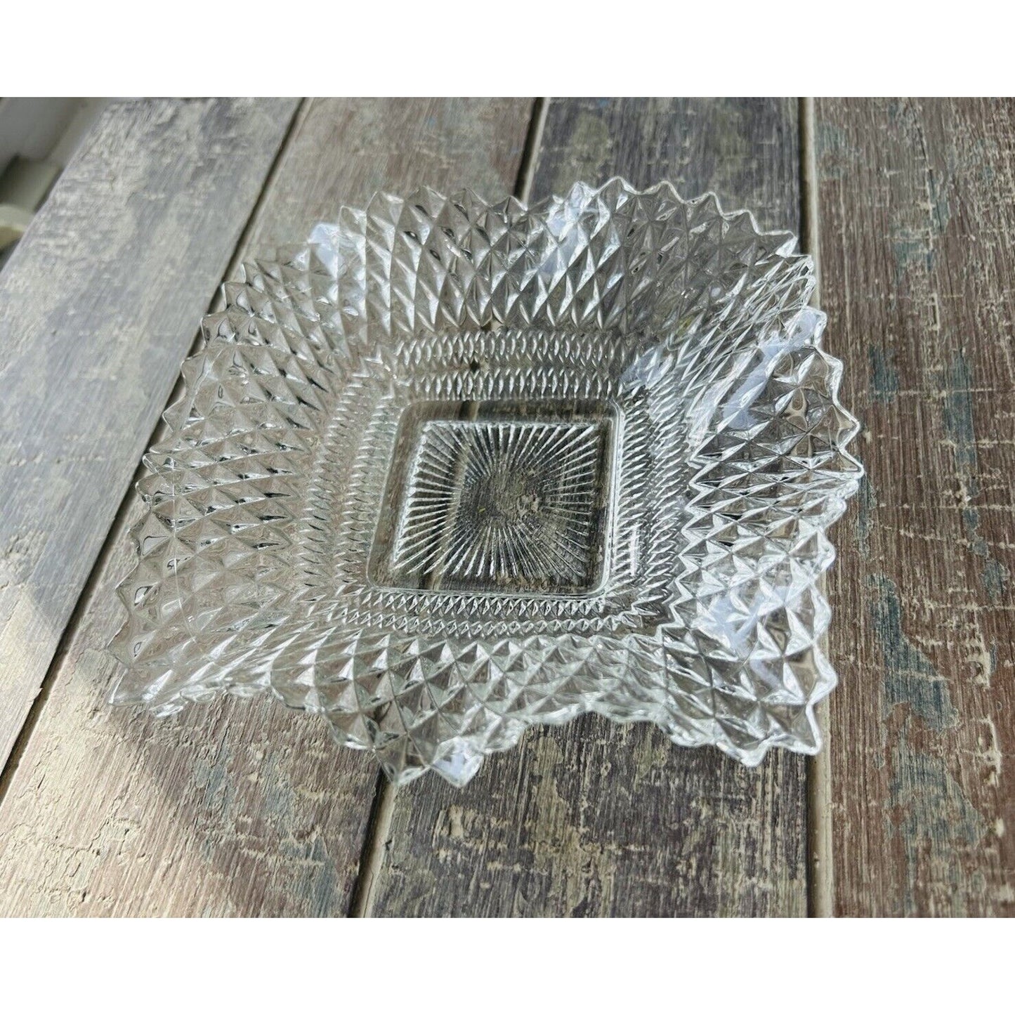 Indiana Glass Clear Depression Glass Square Ruffled Diamond Point 7" Dish Vintag