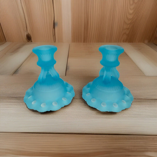 Vintage Westmoreland Light Blue Glass 2 Candlestick Candle Holders 4 1/2" Lace