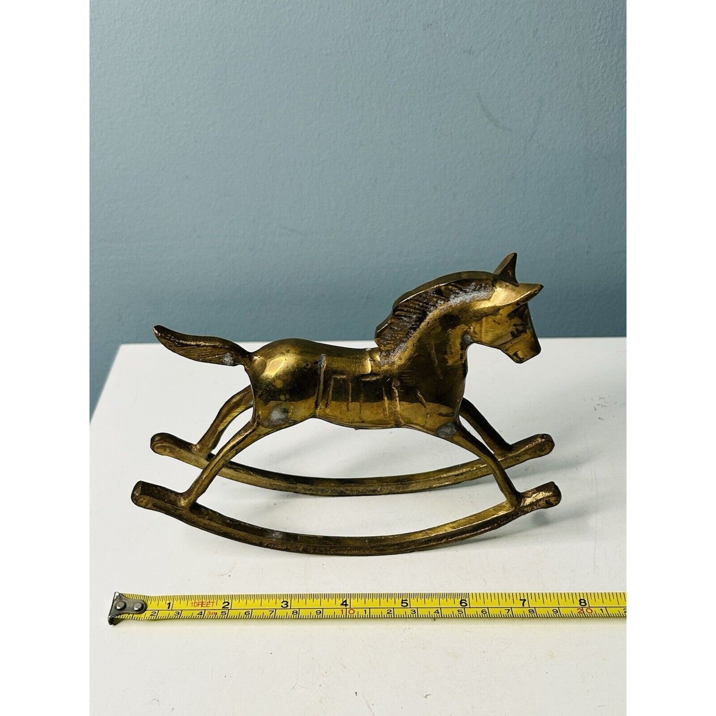 Vintage Solid Brass 6” Rocking Horse Pony Figurine Patina Hand Made Paperweight