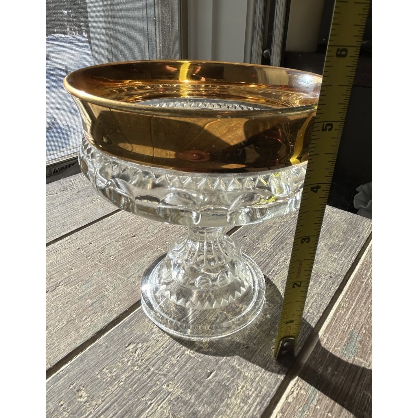 Indiana Glass Kings Crown Gold Trim Pedestal Candy Dish Compote 5 1/4" H Vintage