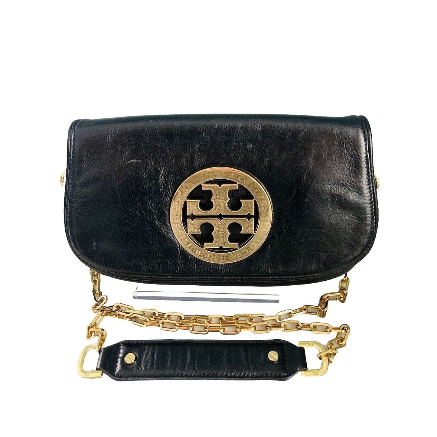 Tory Burch Reva Black Leather Purse Detachable Gold Chain Strap Crossbody Clutch