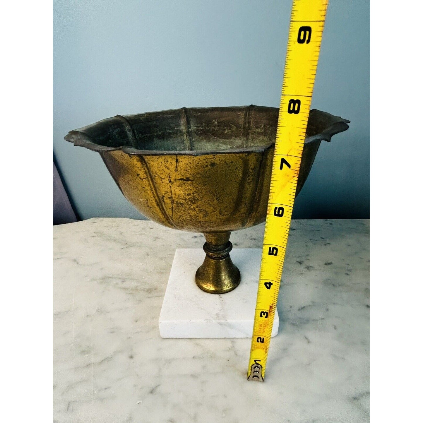 Vintage Brass 7” Compote Marble Pedestal Base Bowl Patina