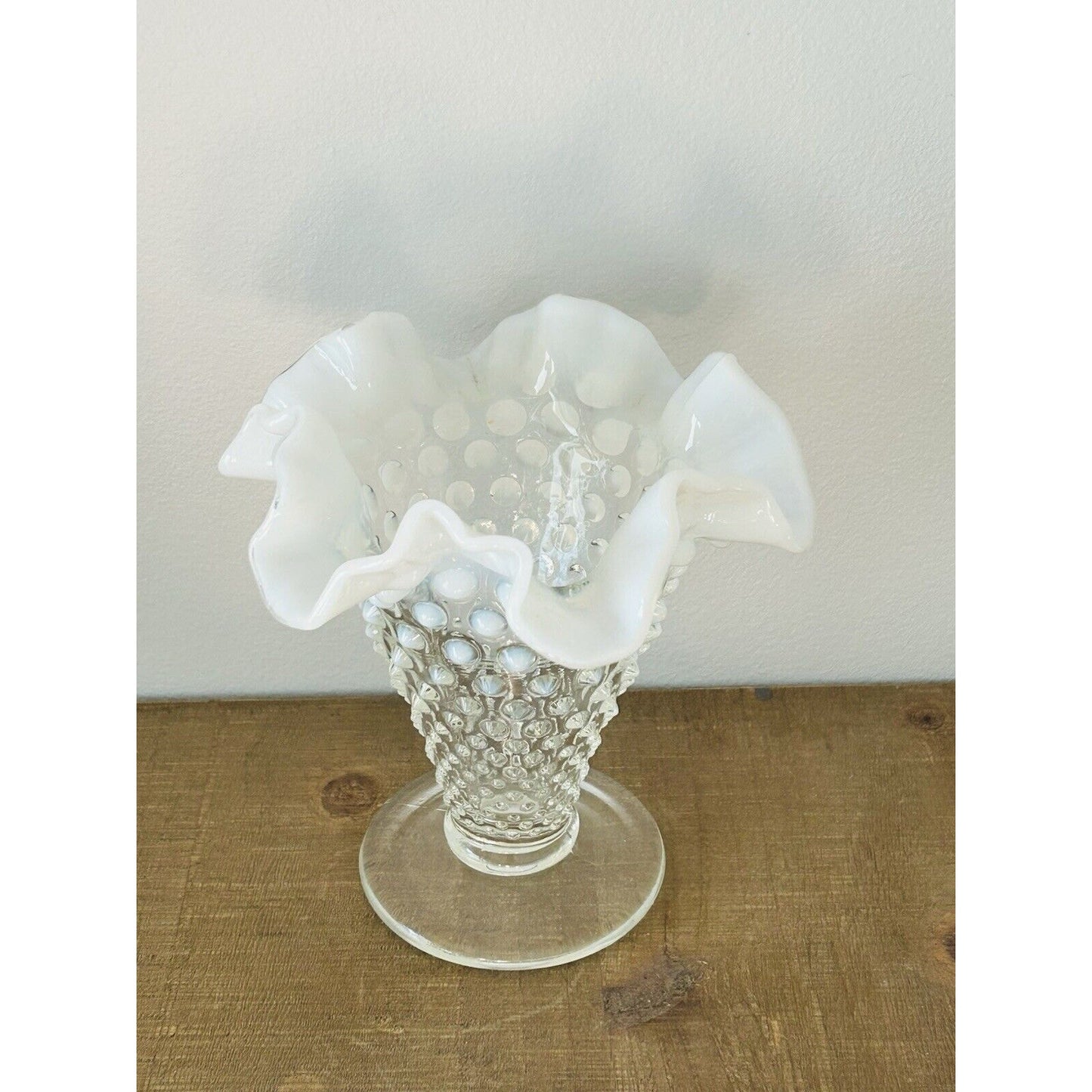 Vintage Fenton Moonstone Opalescent Hobnail Tapered Ruffle Glass Vase White Trim