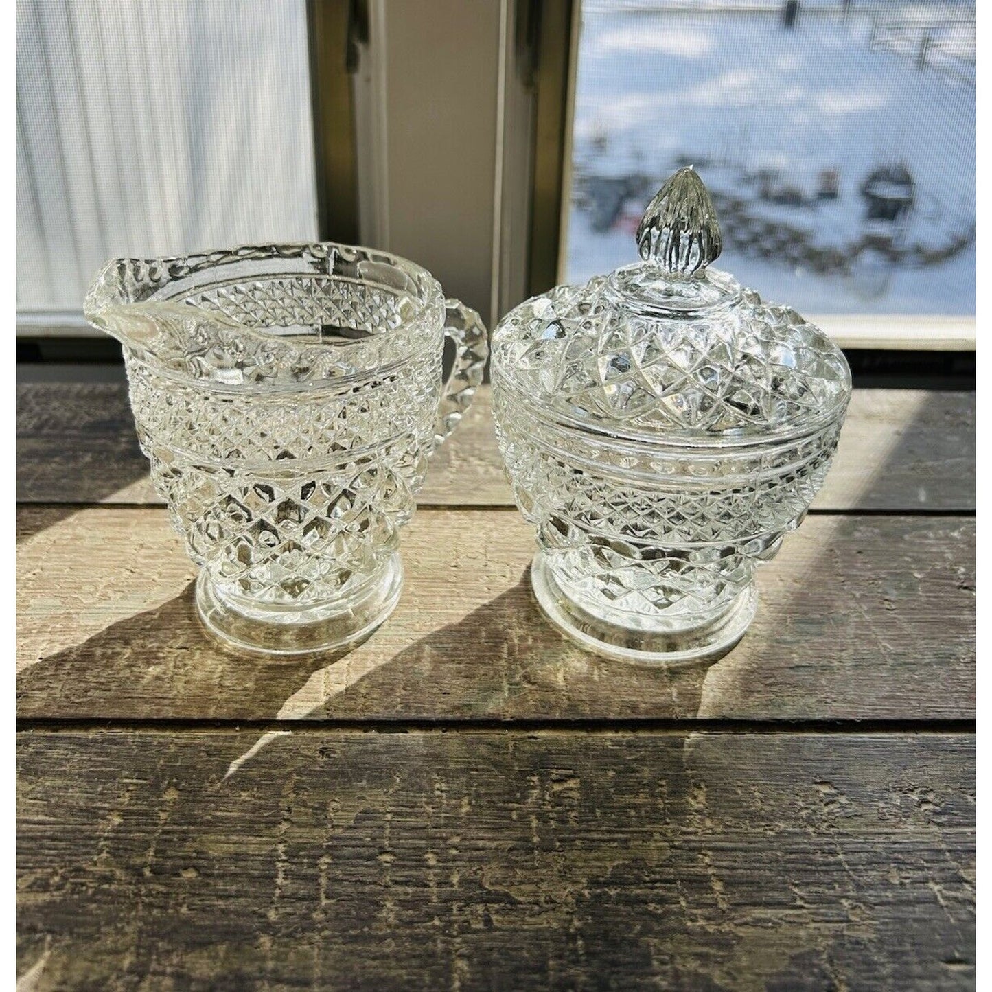 Anchor Hocking Wexford Crystal Clear Cut Glass Cream & Sugar Set Vintage