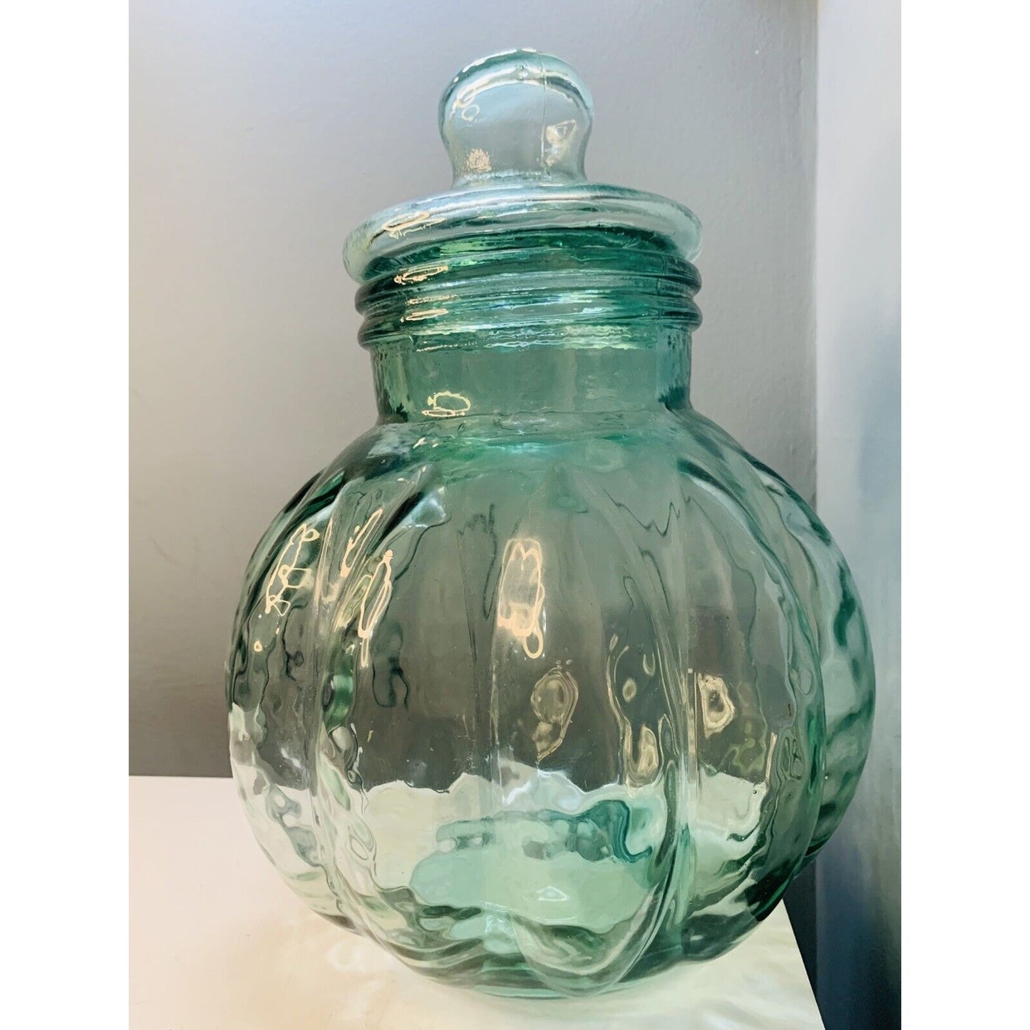 Green Glass Apothecary Jar 15” Tall Glass w/ Lid Melon Shaped Home Decor Large