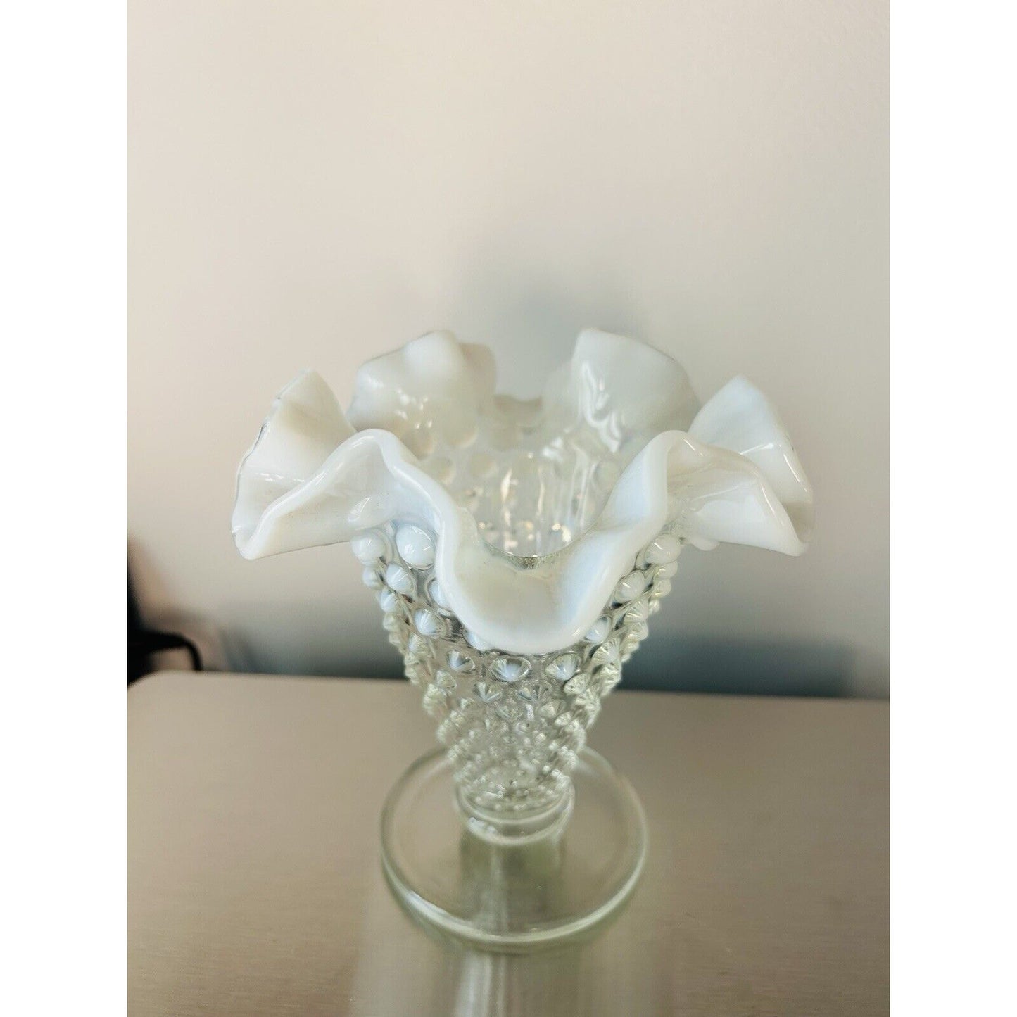 Vintage Fenton Moonstone Opalescent Hobnail Tapered Ruffle Glass Vase White Trim