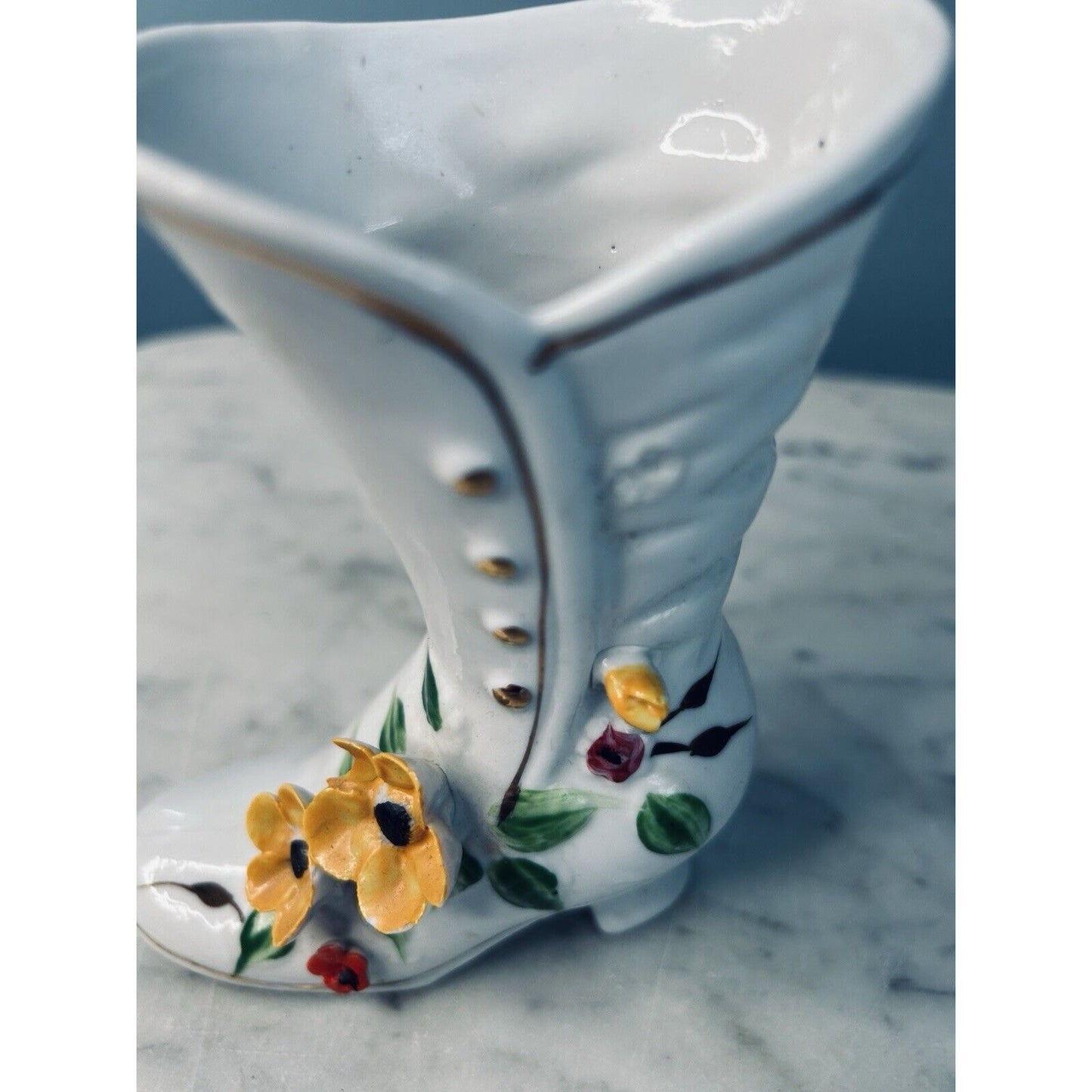 Vintage Porcelain Victorian Boot Vase White 3D Yellow Flowers Gold Accents Shoe