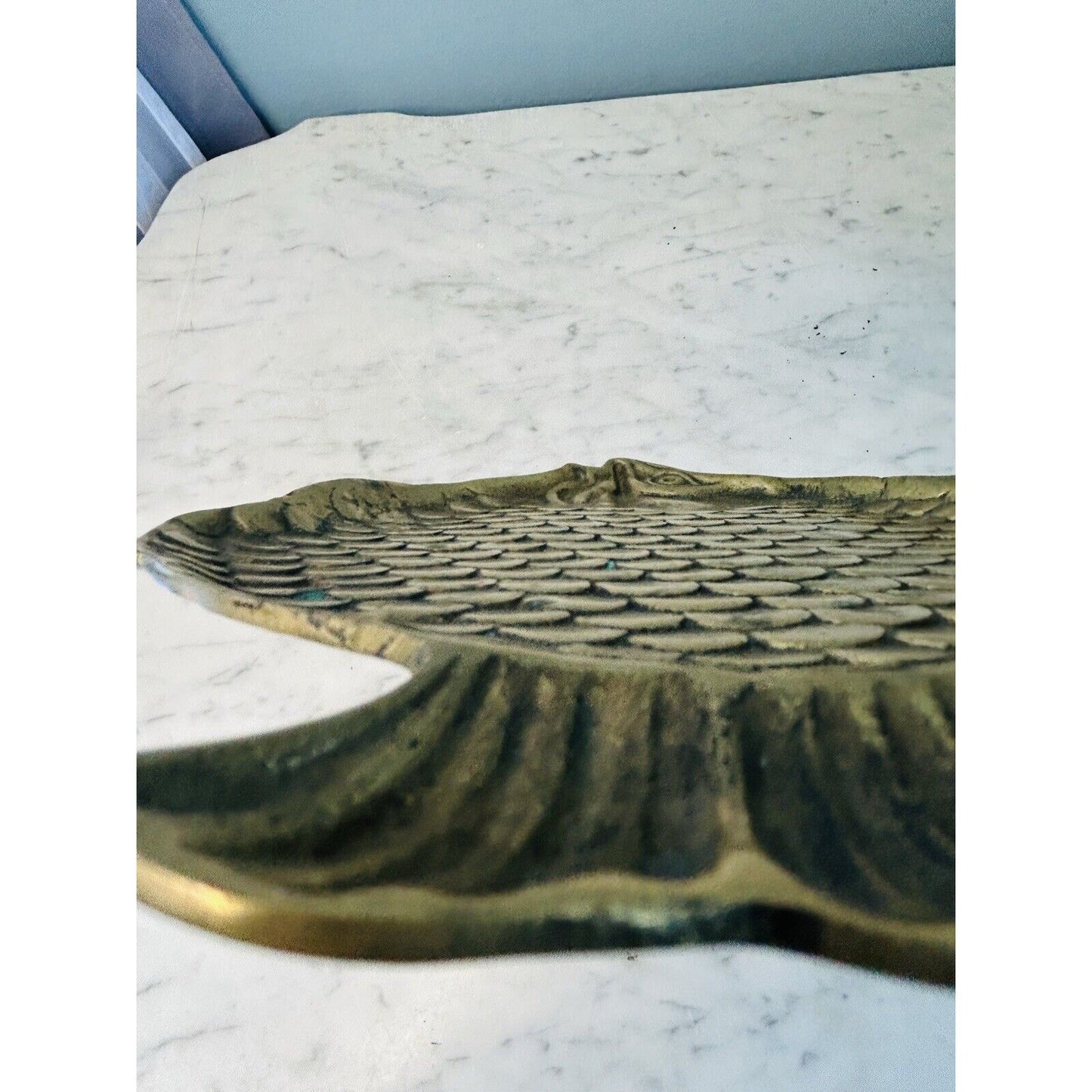 Vintage Brass Fish Shaped Trinket Dish Small Plate 8.5” Length 3D Scales Patina