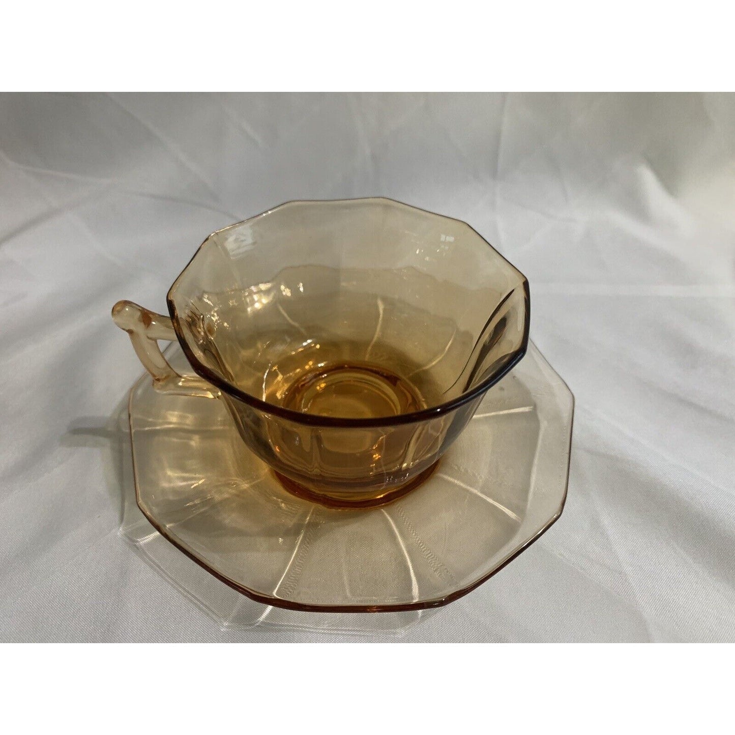 Cambridge Decagon Set of 8 Amber Glass Cups & Saucers Signed Great Condition