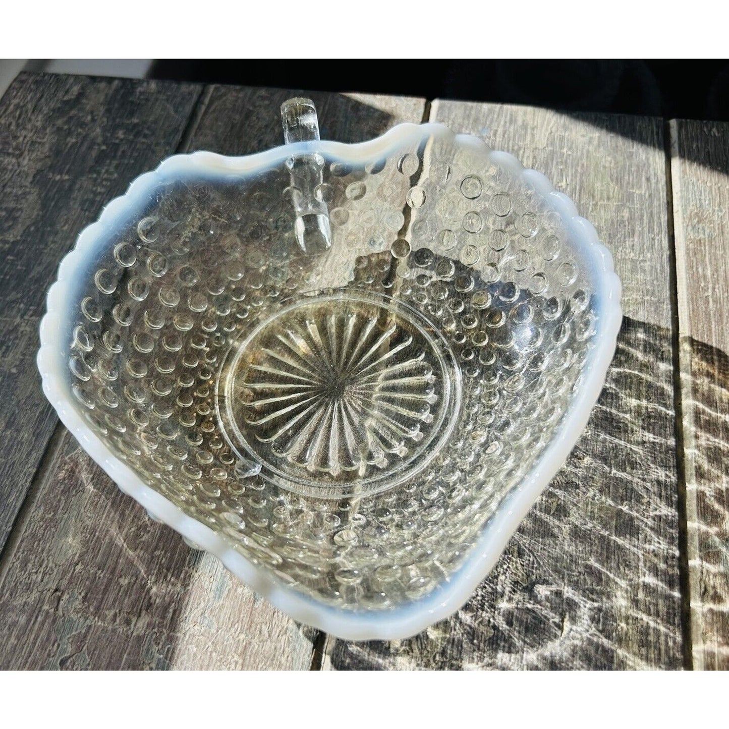 Heart Serving Dish Anchor Hocking Moonstone Opalescent Hobnail Ruffle Rim Handle